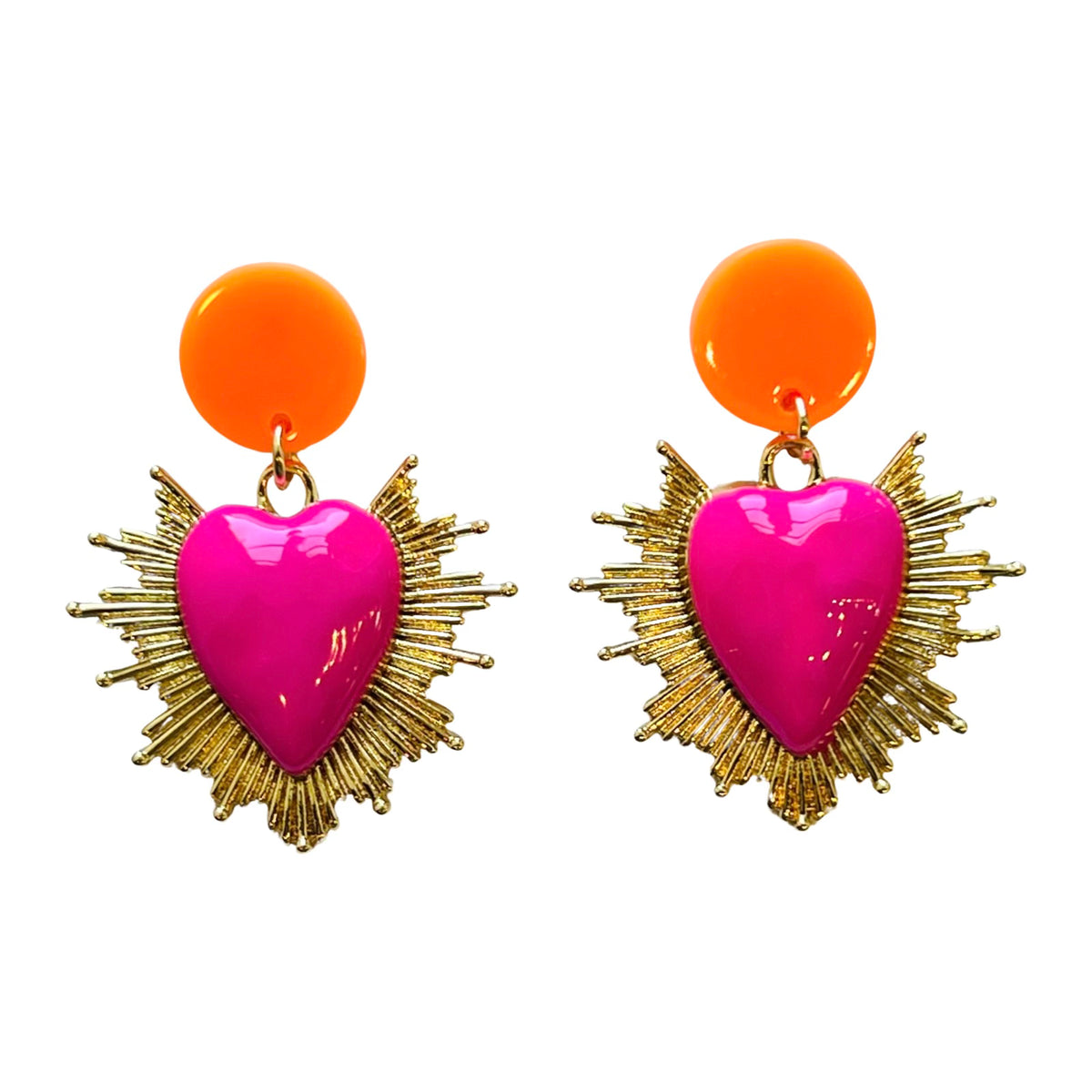 Neon Sacred Heart Earrings Pink and Orange
