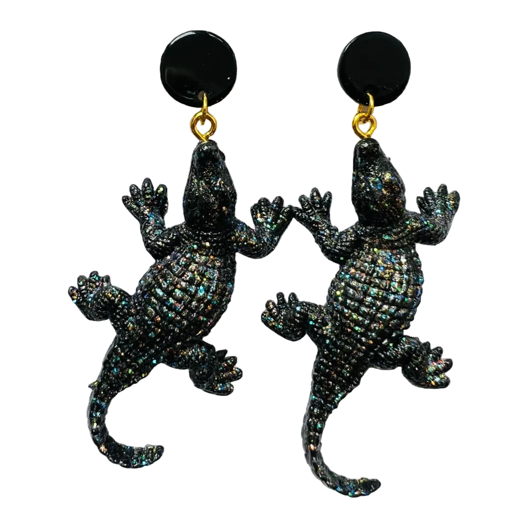 Black glitter giraffe dangle earrings with black circle stud tops by HOLST+LEE