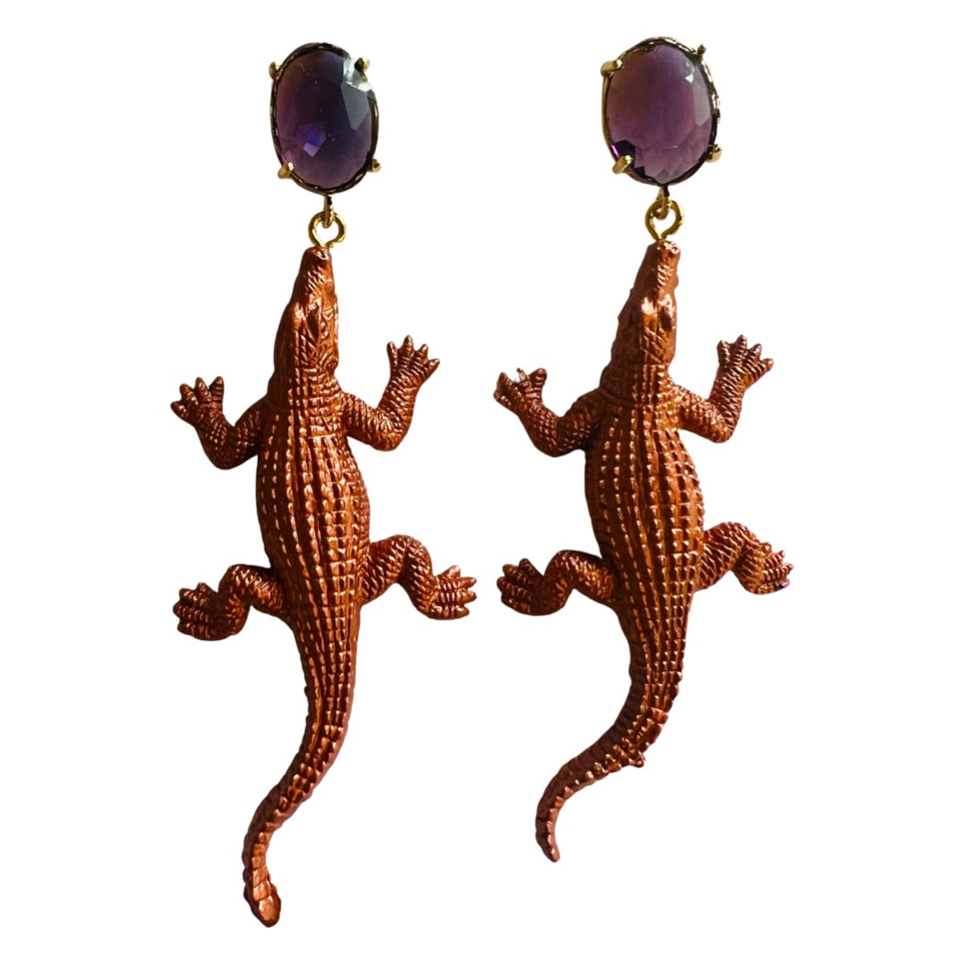 Copper alligator dangle earrings with purple gemstone stud tops by HOLST+LEE