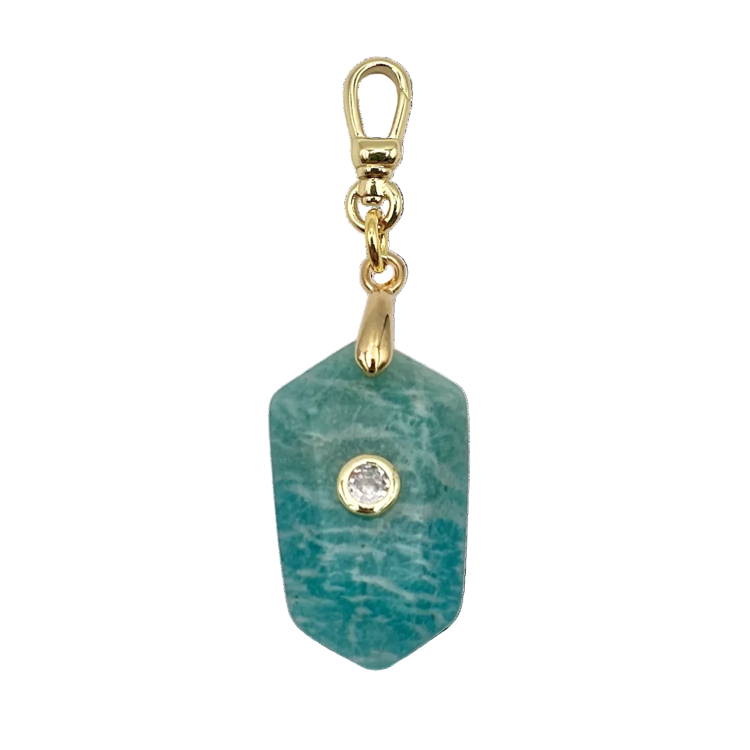 Faceted blue amazonite crystal pendant with a round diamond accent with gold charm clip by HOLST+LEE
