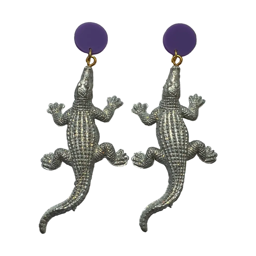 Silver giraffe dangle earrings with purple circle stud tops by HOLST+LEE