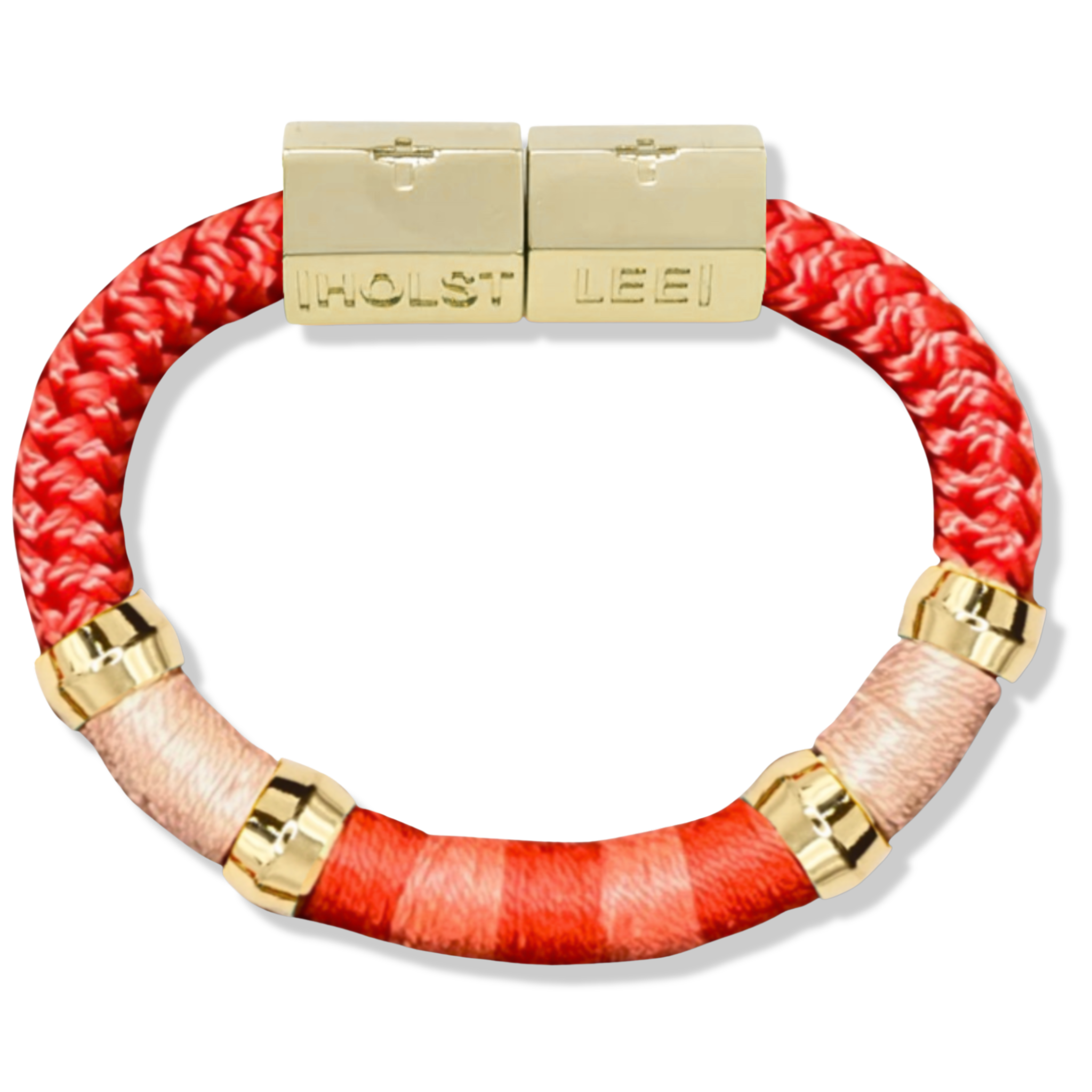 Coral braided rope peach and orange thread wrapped bracelet with gold magnetic clasped bracelet and gold ferrules by HOLST+LEE