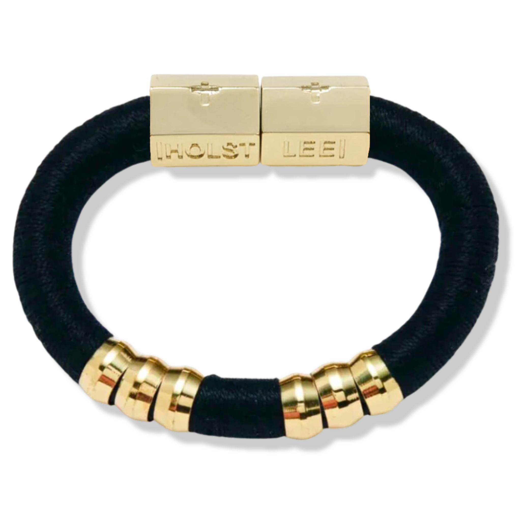 Black thread wrapped bracelet with 18K gold-filled magnetic clasped bracelet and gold ferrule accents by HOLST+LEE