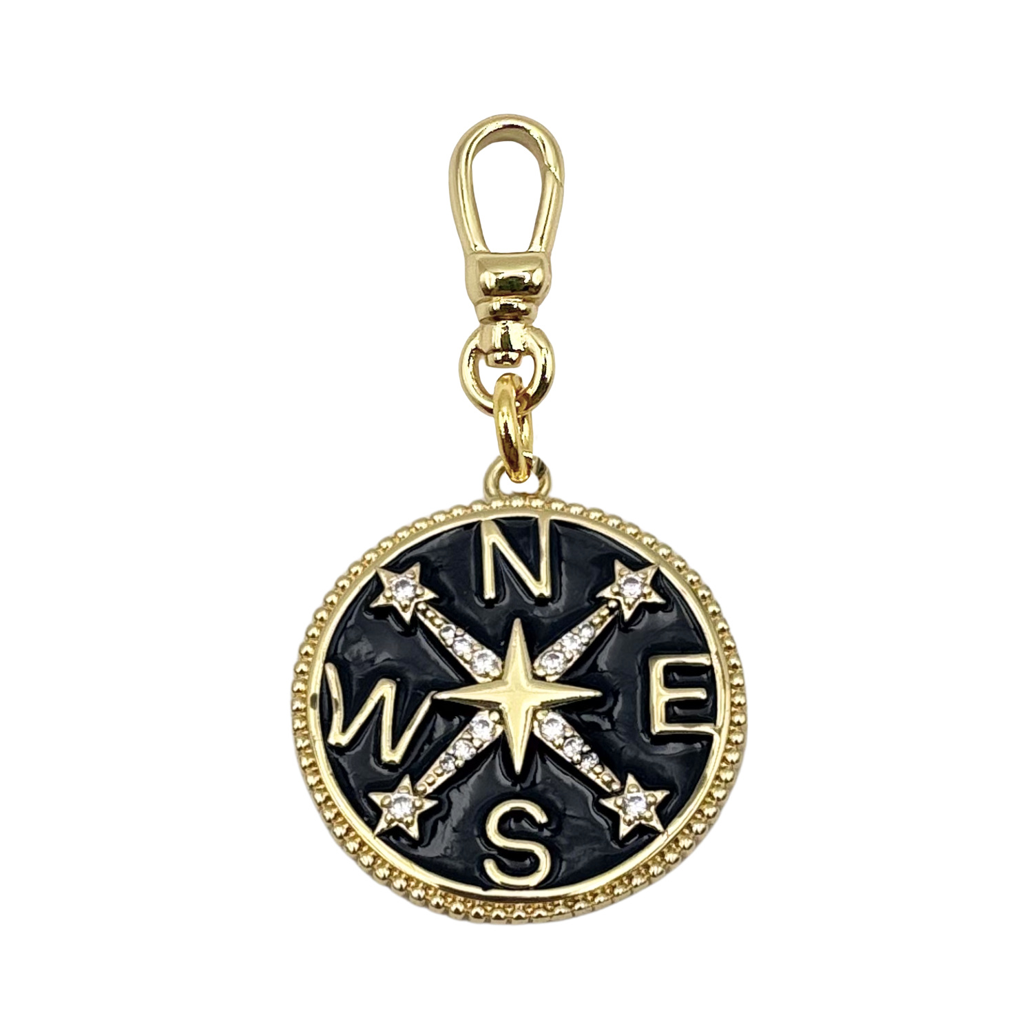 Black compass charm with diamond star points, cardinal directions, with charm clasp by HOLST+LEE