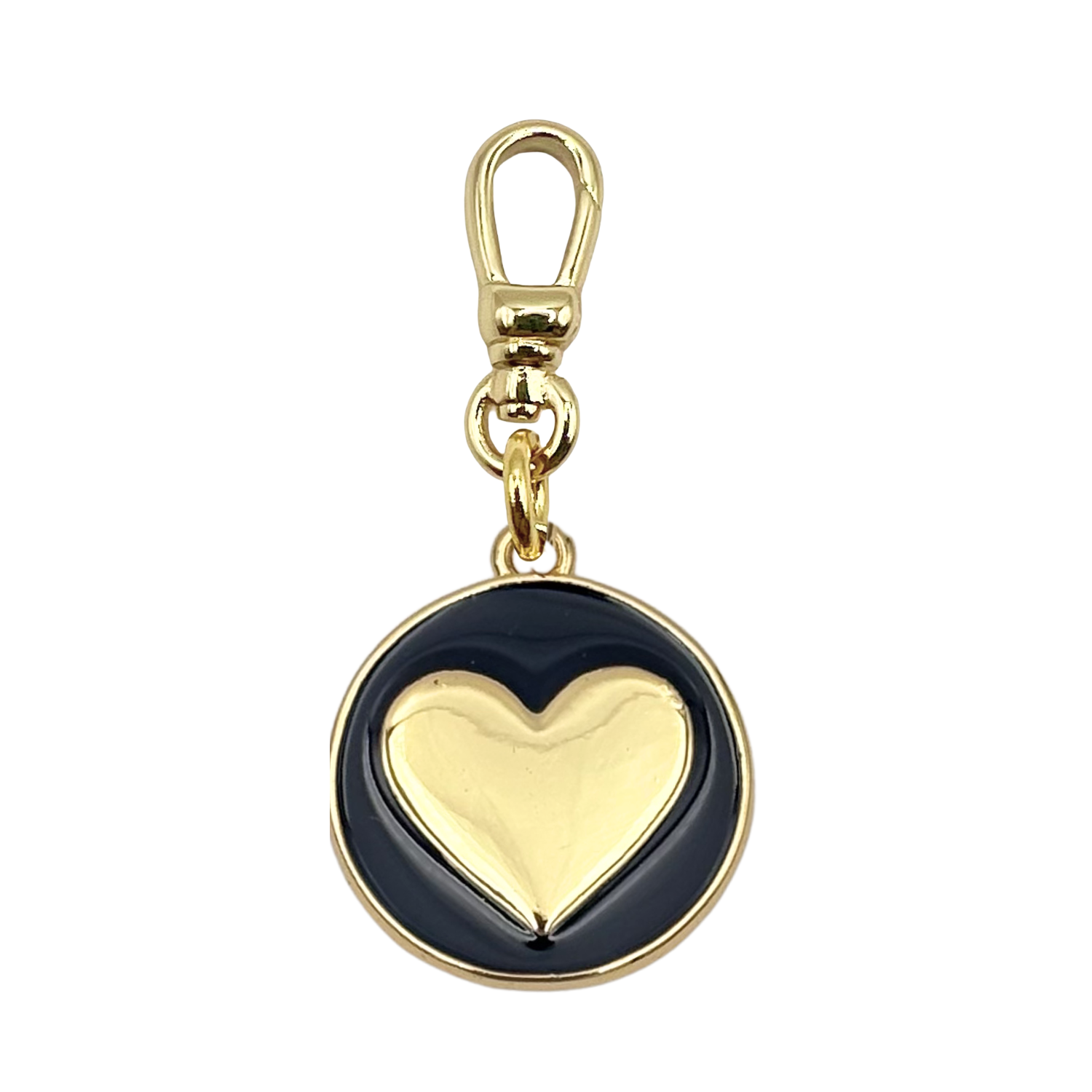 Round black enamel medallion charm with a gold heart center, set in a gold bezel with gold charm clip by HOLST+LEE