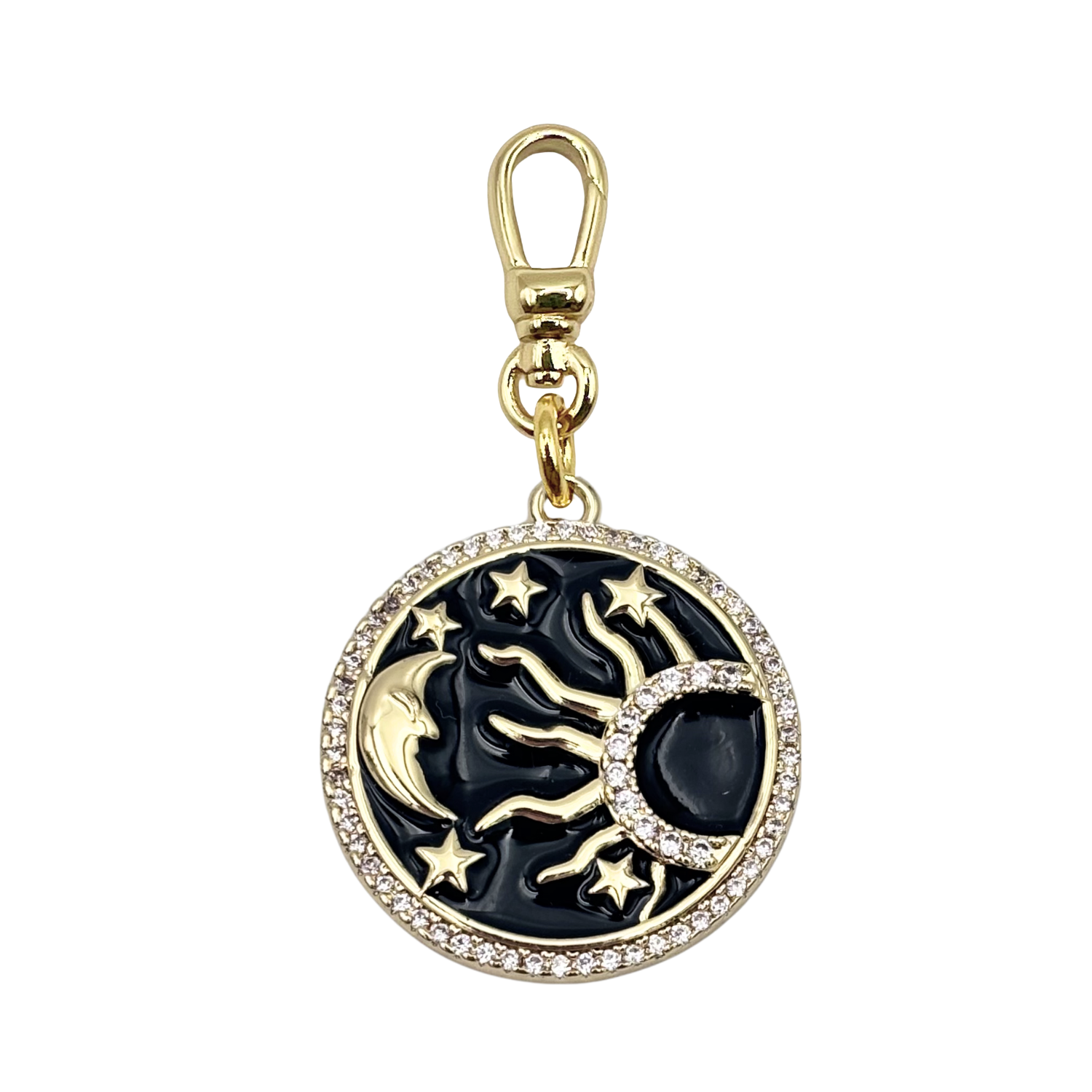 Black enamel sun and moon celestial charm with gold details and pavé diamond halo with charm clip by HOLST+LEE
