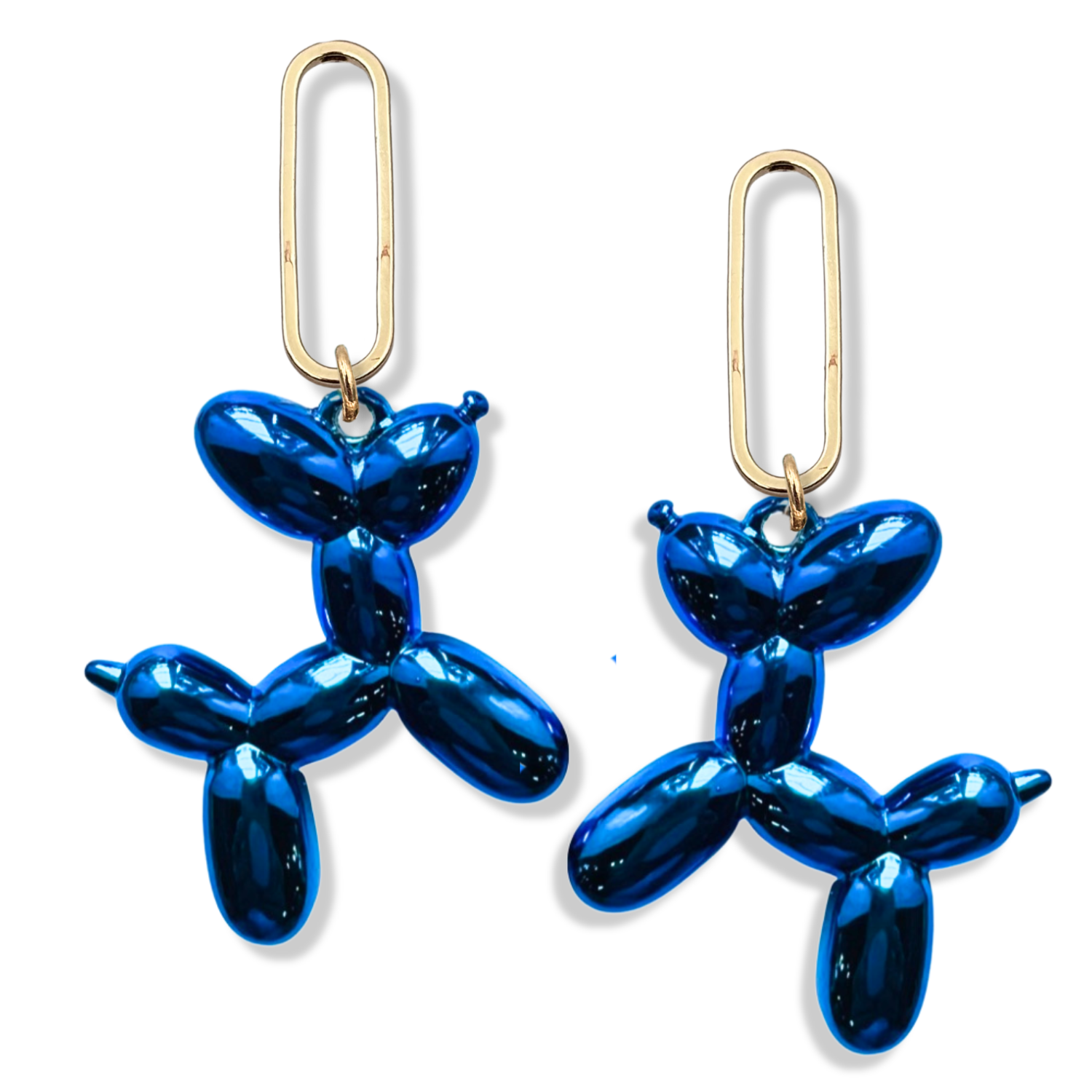 Metallic blue balloon dog dangle earrings with gold paperclip oval link connector and high-shine chrome finish by HOLST+LEE