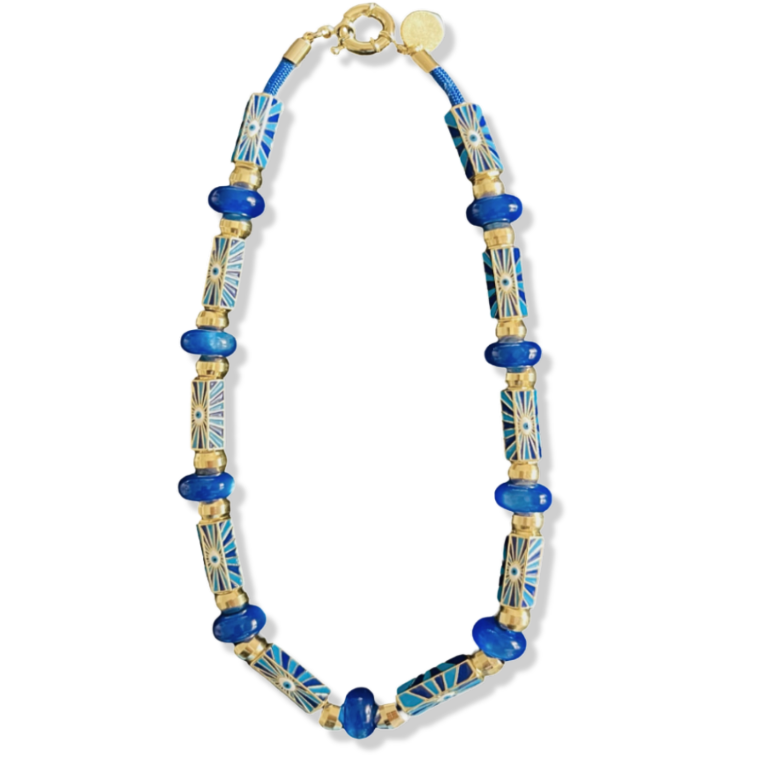 Blue evil eye necklace with rectangular enamel evil eye beads, cobalt blue semi-precious beads, gold rondelle spacers, and gold ring clasp by HOLST+LEE