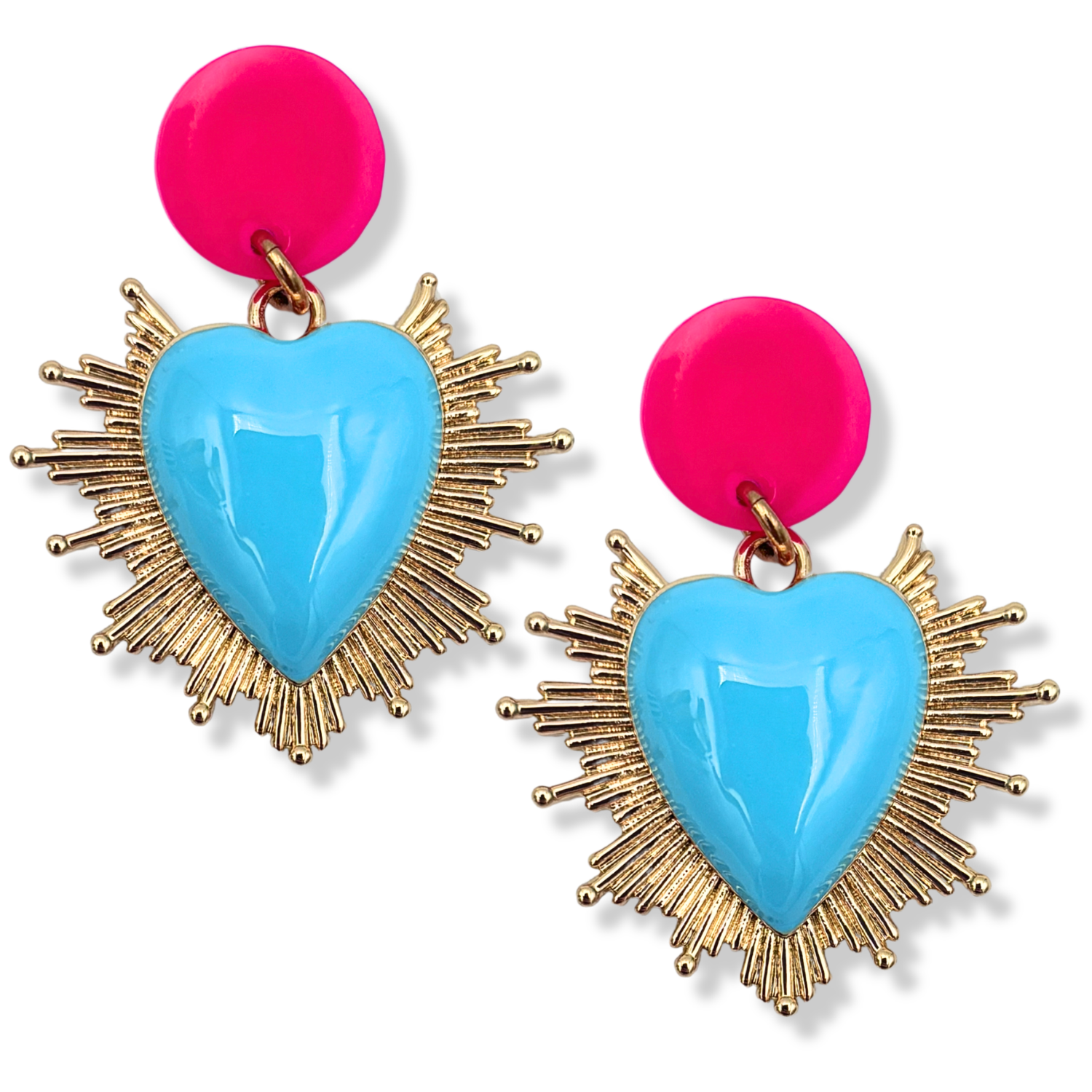 Sacred heart dangle earrings with glossy turquoise enamel heart, gold spike halo, and fuchsia disc stud topper by HOLST+LEE