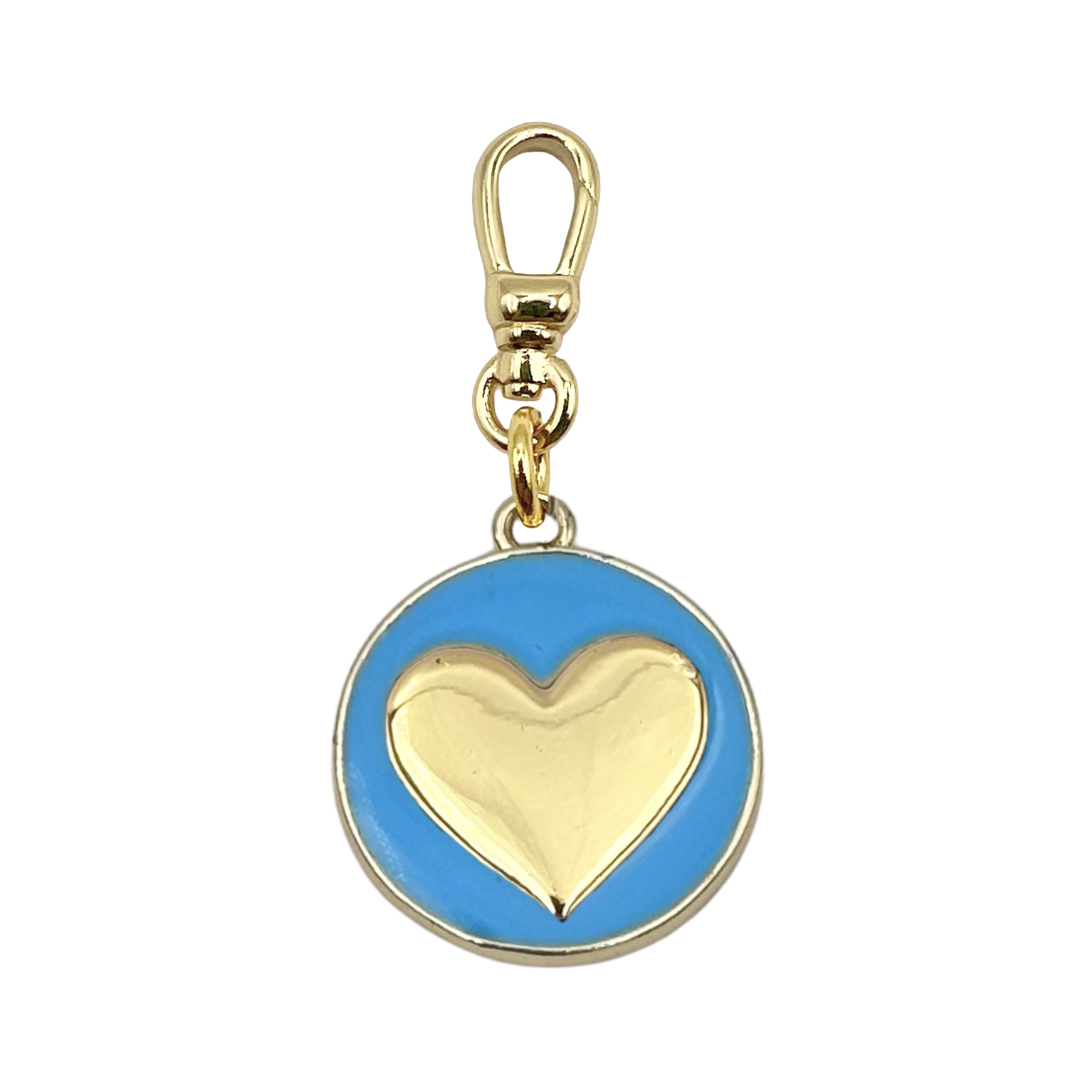 Round bright blue enamel medallion charm with a gold heart center, set in a gold bezel with gold charm clip by HOLST+LEE
