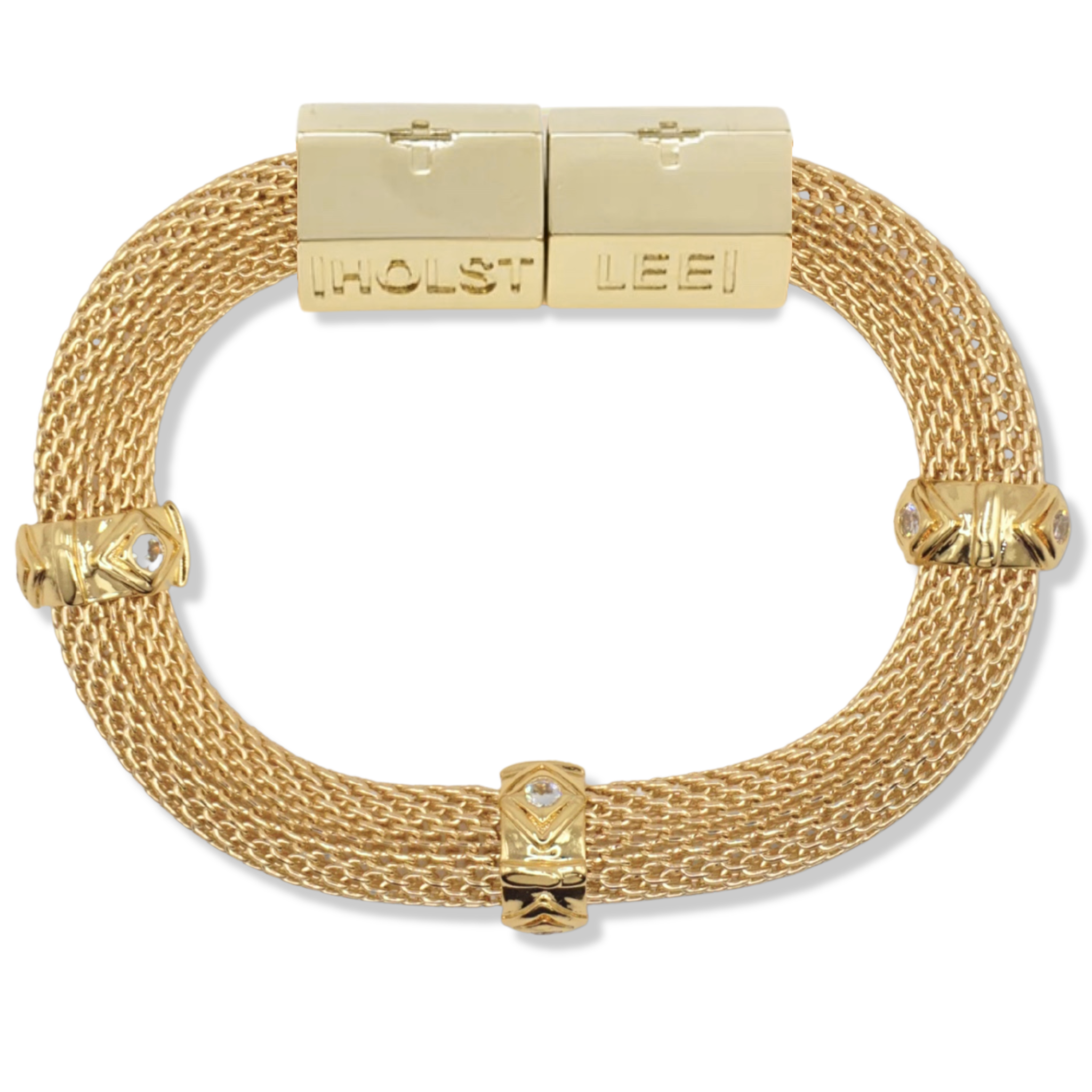 Gold woven mesh bracelet with 18K gold-filled magnetic clasp and gold evil eye ferrule accents by HOLST+LEE