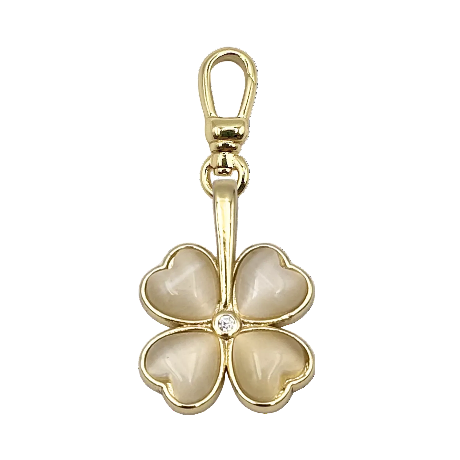 Four-leaf clover charm with mother-of-pearl heart petals, diamond center, and gold setting with charm clip by HOLST+LEE