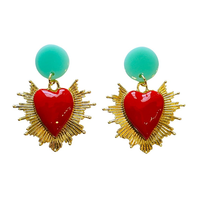 Neon Sacred Heart Earrings Red and Turquoise