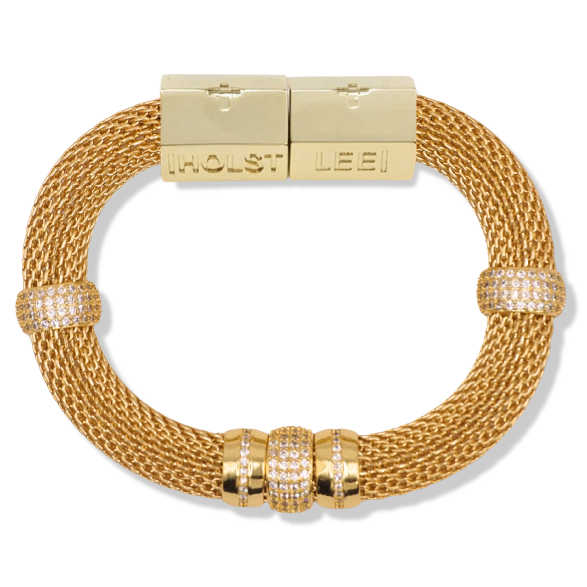 Gold woven mesh bracelet with pavé crystal ferrule stack and gold magnetic clasped bracelet by HOLST+LEE
