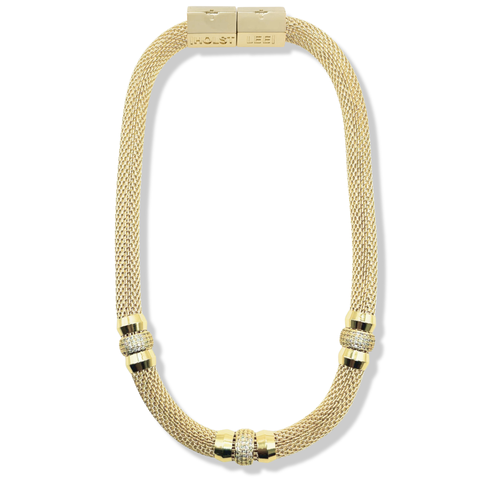 Gold woven mesh necklace with pavé crystal ferrule stack and gold magnetic clasped necklace by HOLST+LEE