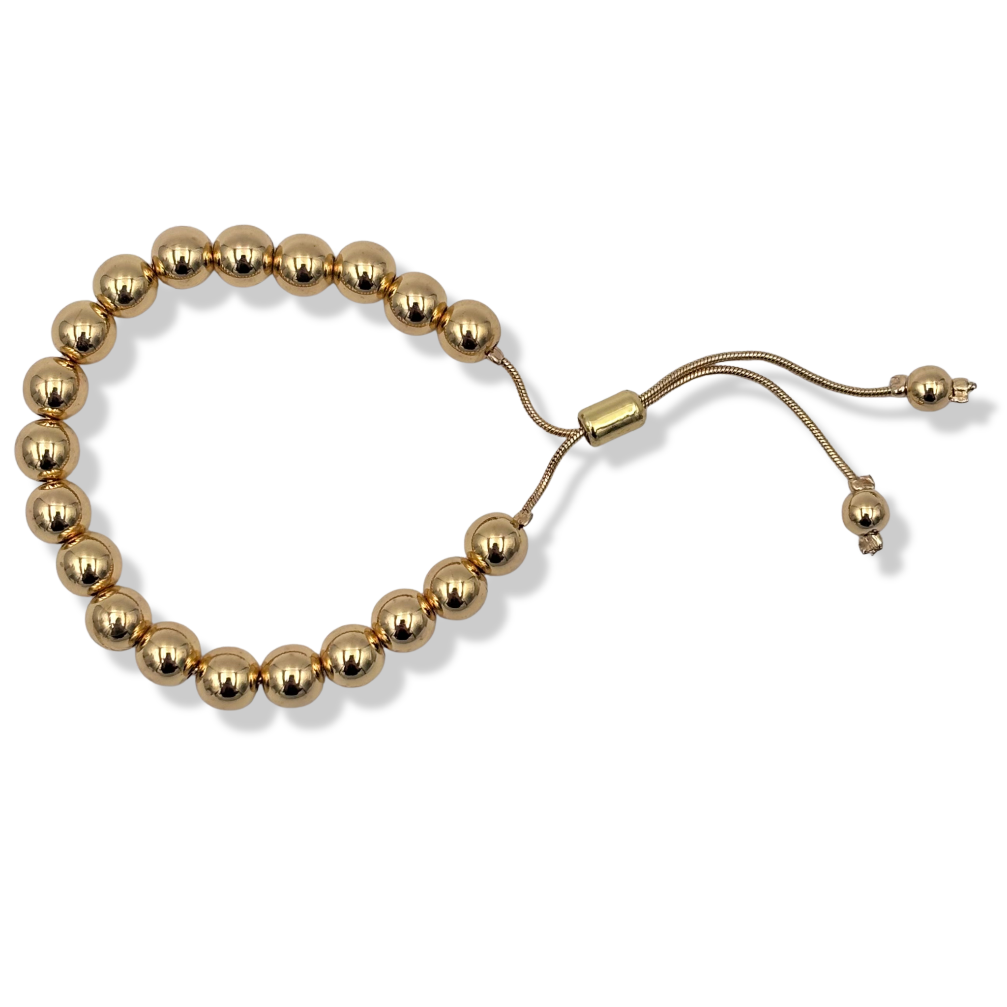 Gold beaded adjustable bracelet with sliding barrel clasp and snake chain pull by HOLST+LEE
