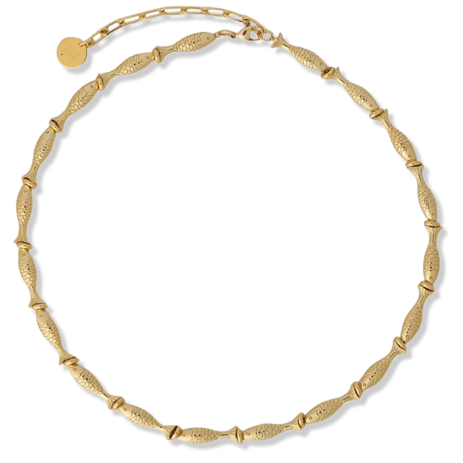 Gold linked fish beaded necklace with branded coin charm by HOLST+LEE