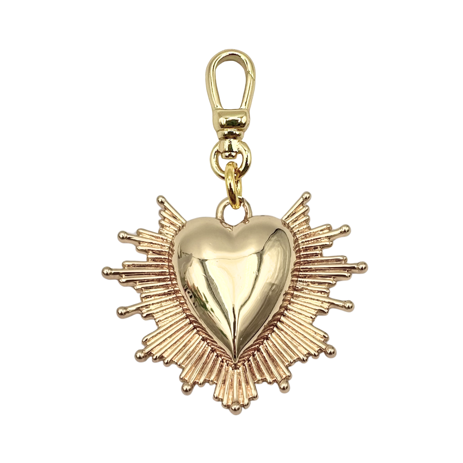 Gold Sacred Heart charm with heart and ball-tipped sunburst rays with gold charm clip by HOLST+LEE