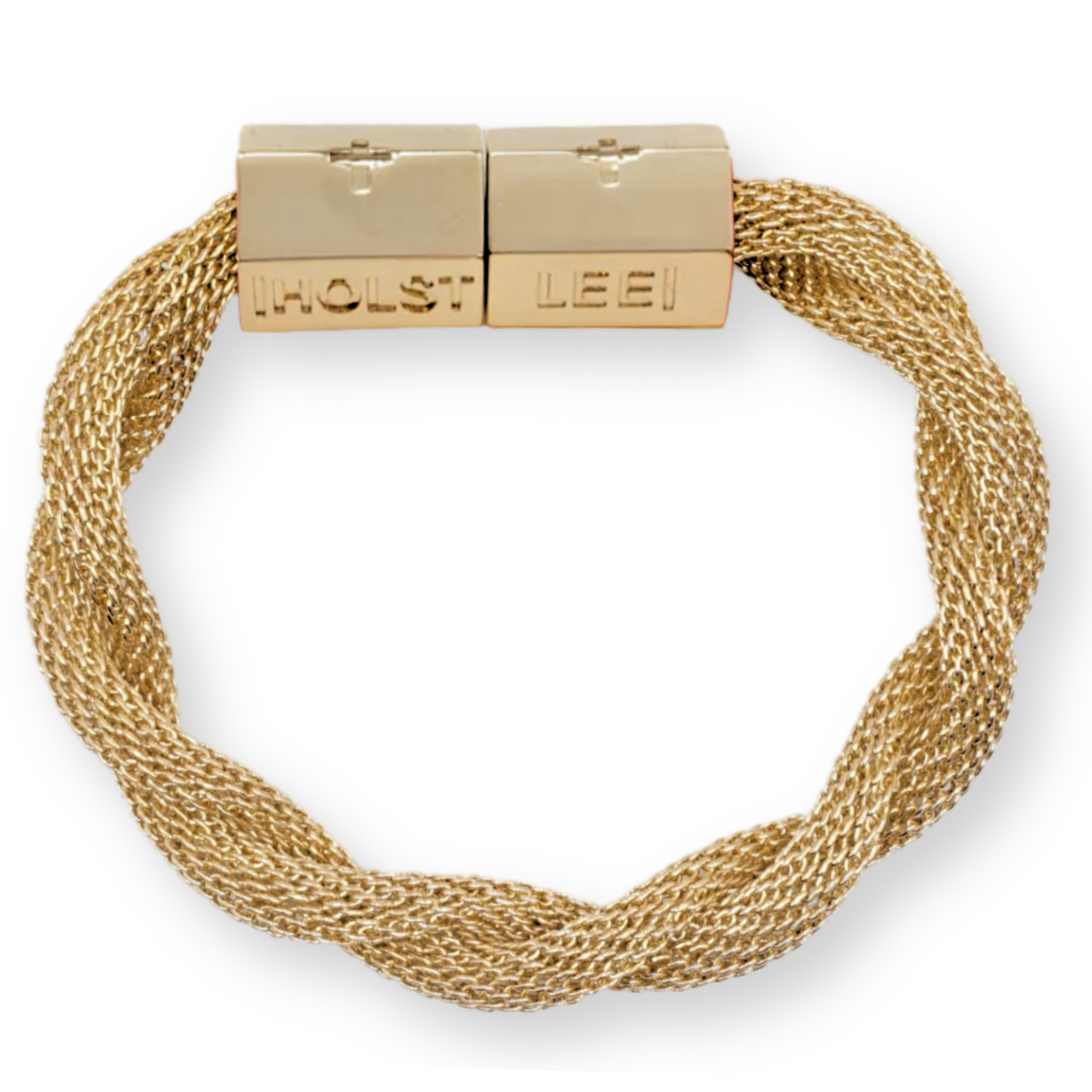 Gold twisted mesh bracelet and gold magnetic clasped bracelet by HOLST+LEE