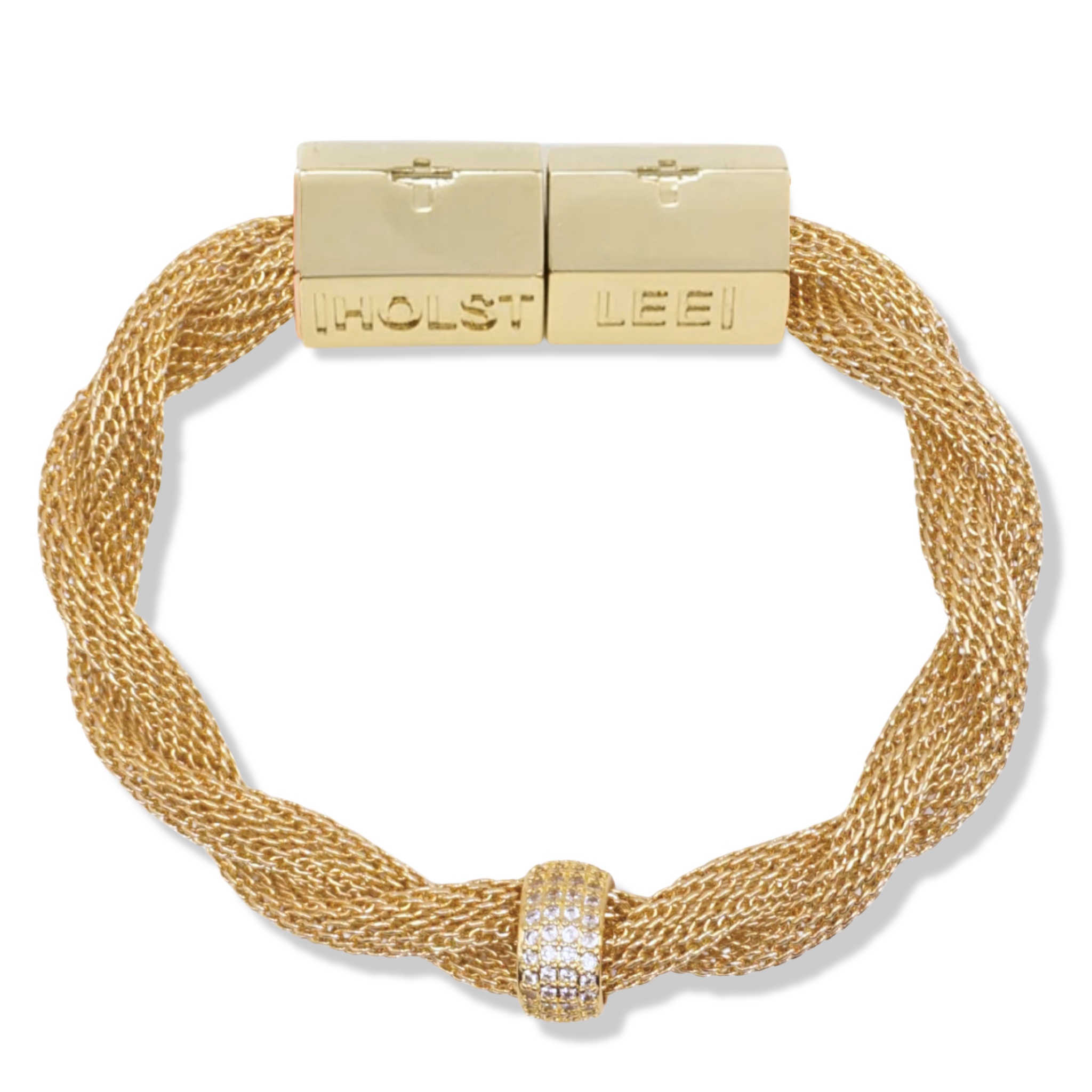 Gold twisted mesh bracelet with pavé crystal ferrule accents and gold magnetic clasped bracelet by HOLST+LEE