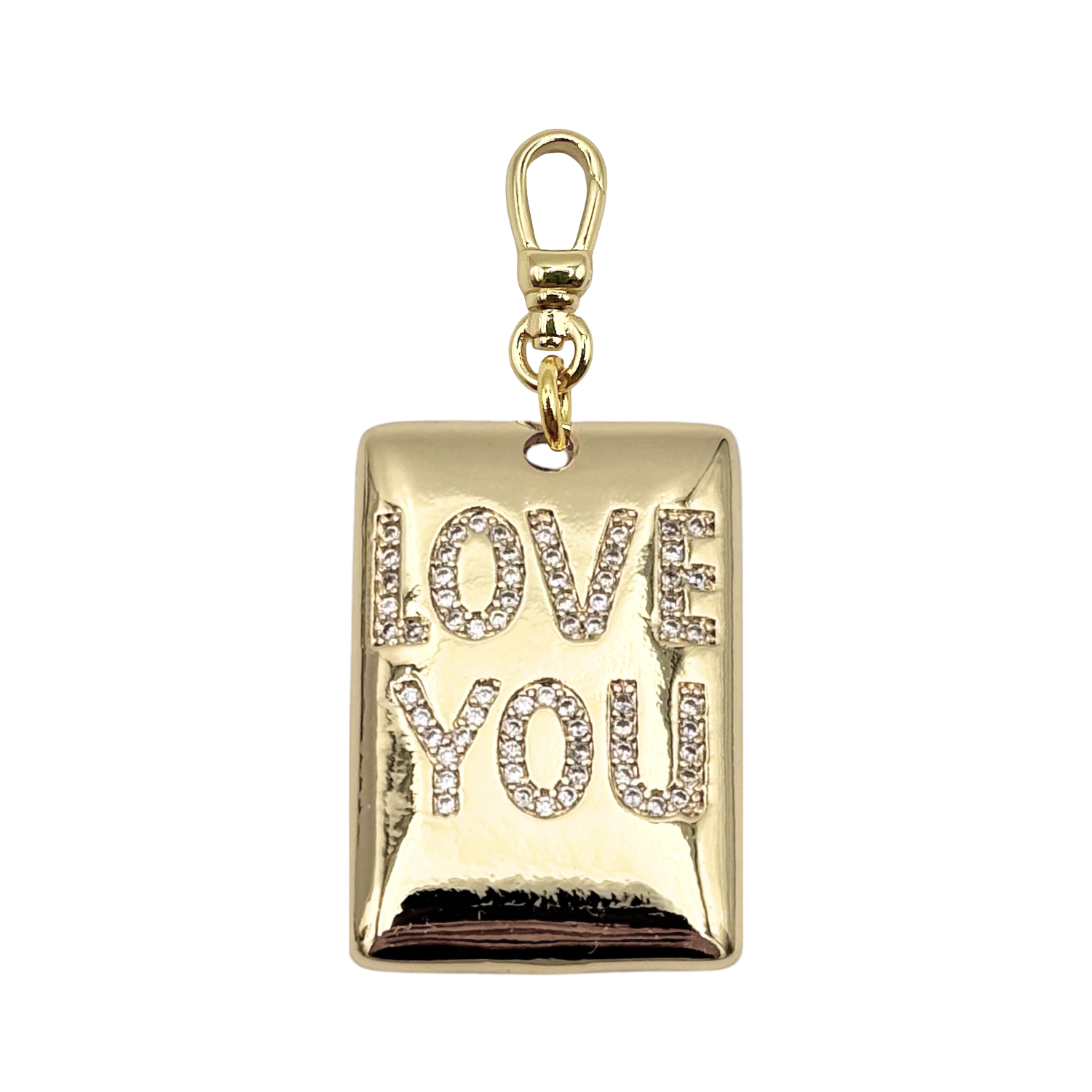 Gold pendant with 'LOVE YOU' encrusted with rhinestones and a gold charm clip by HOLST+LEE