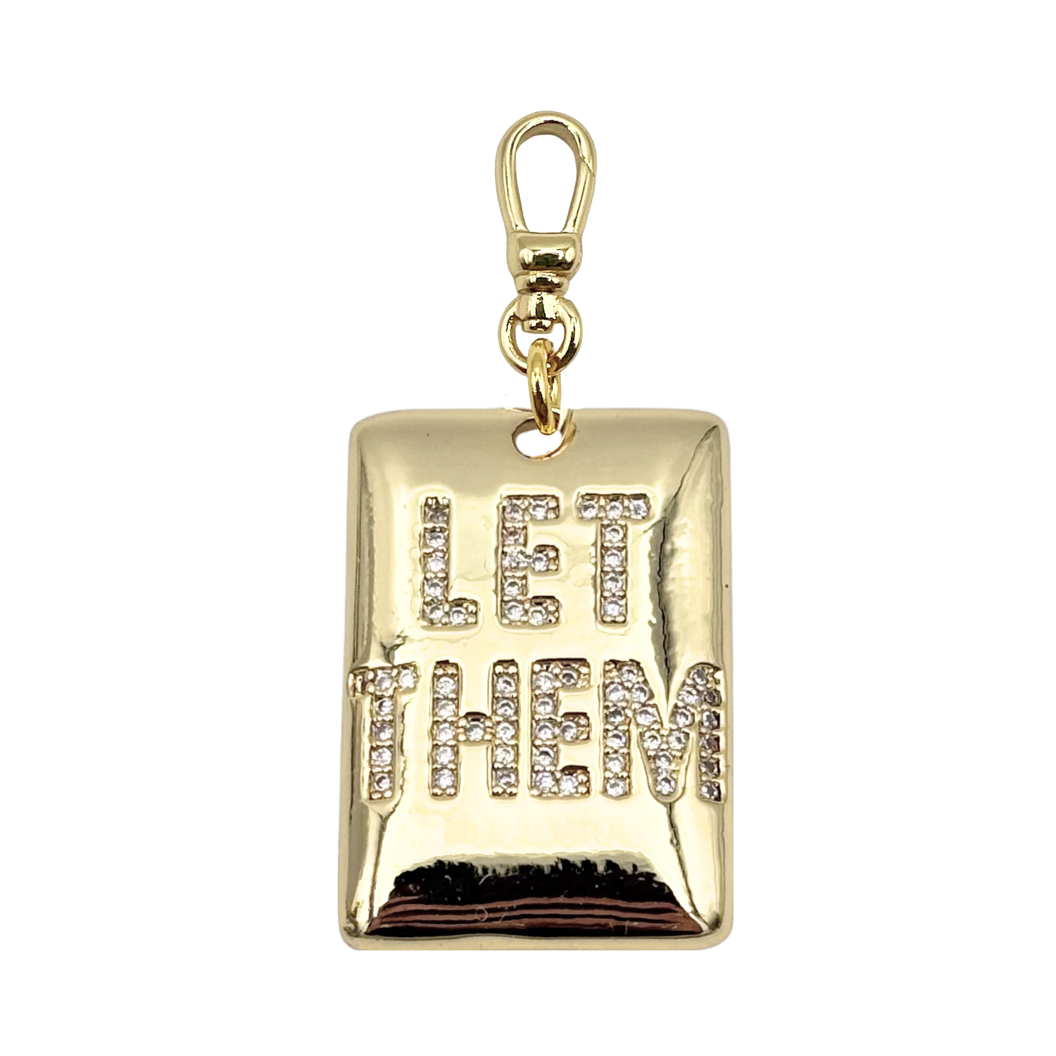 Gold pendant with 'LET THEM' encrusted with rhinestones and a gold charm clip by HOLST+LEE