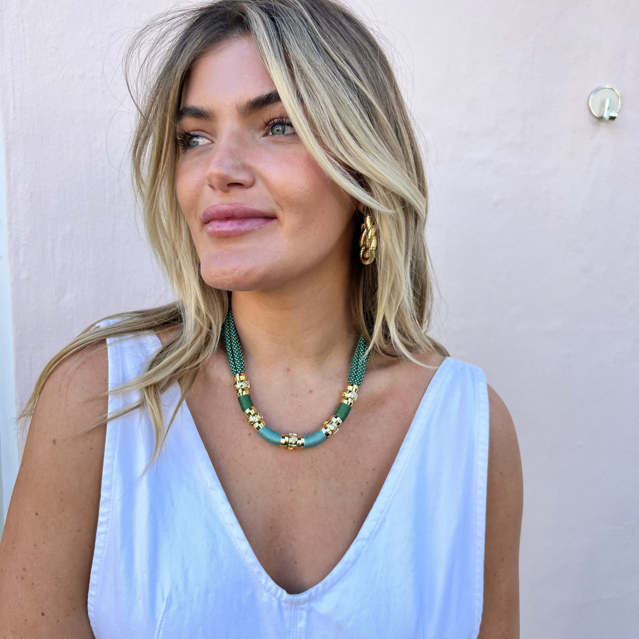 Luxe Colorblock Necklace Eucalyptus Signature Magnetic Clasp on Model