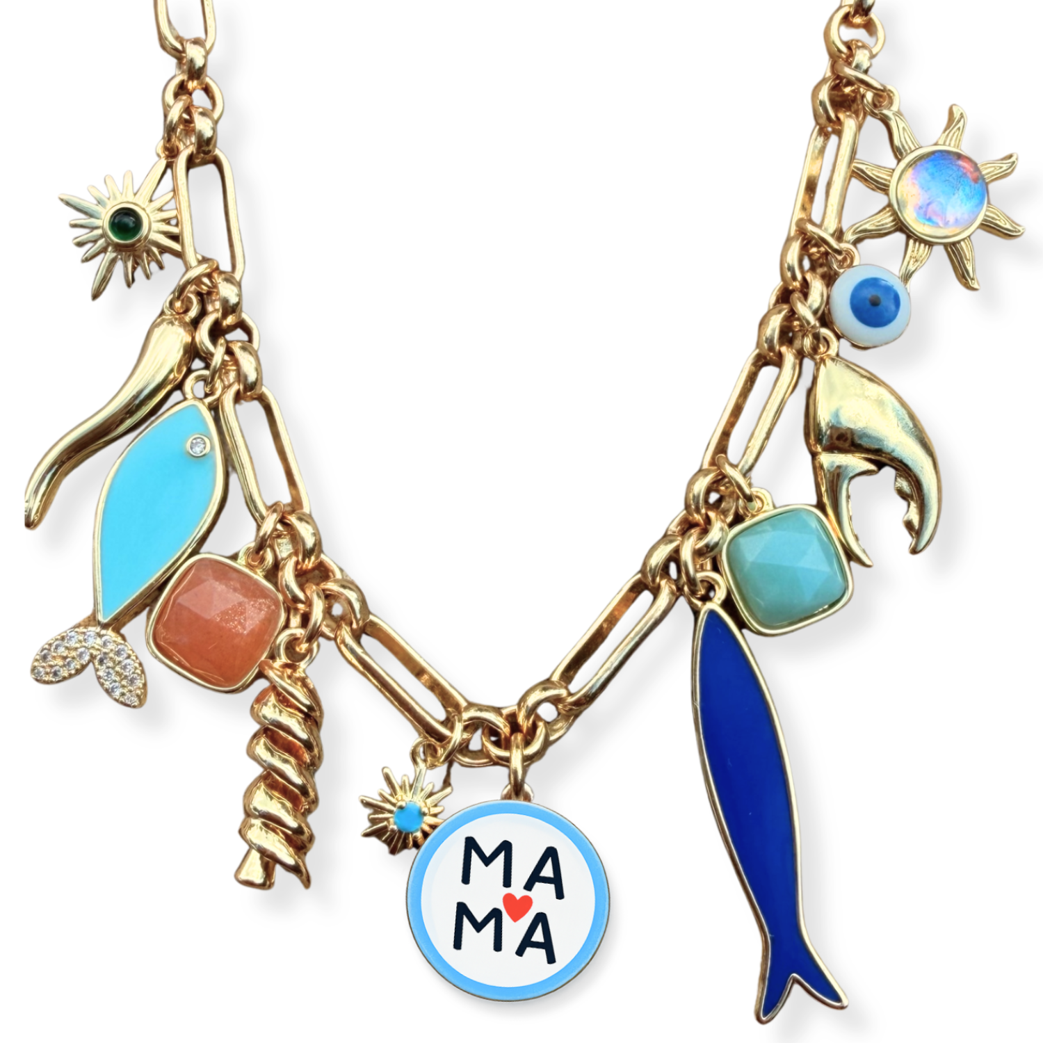 Gold thick link necklace with various charms including a fish, evil eye, pasta and 'MAMA' pendant by HOLST+LEE