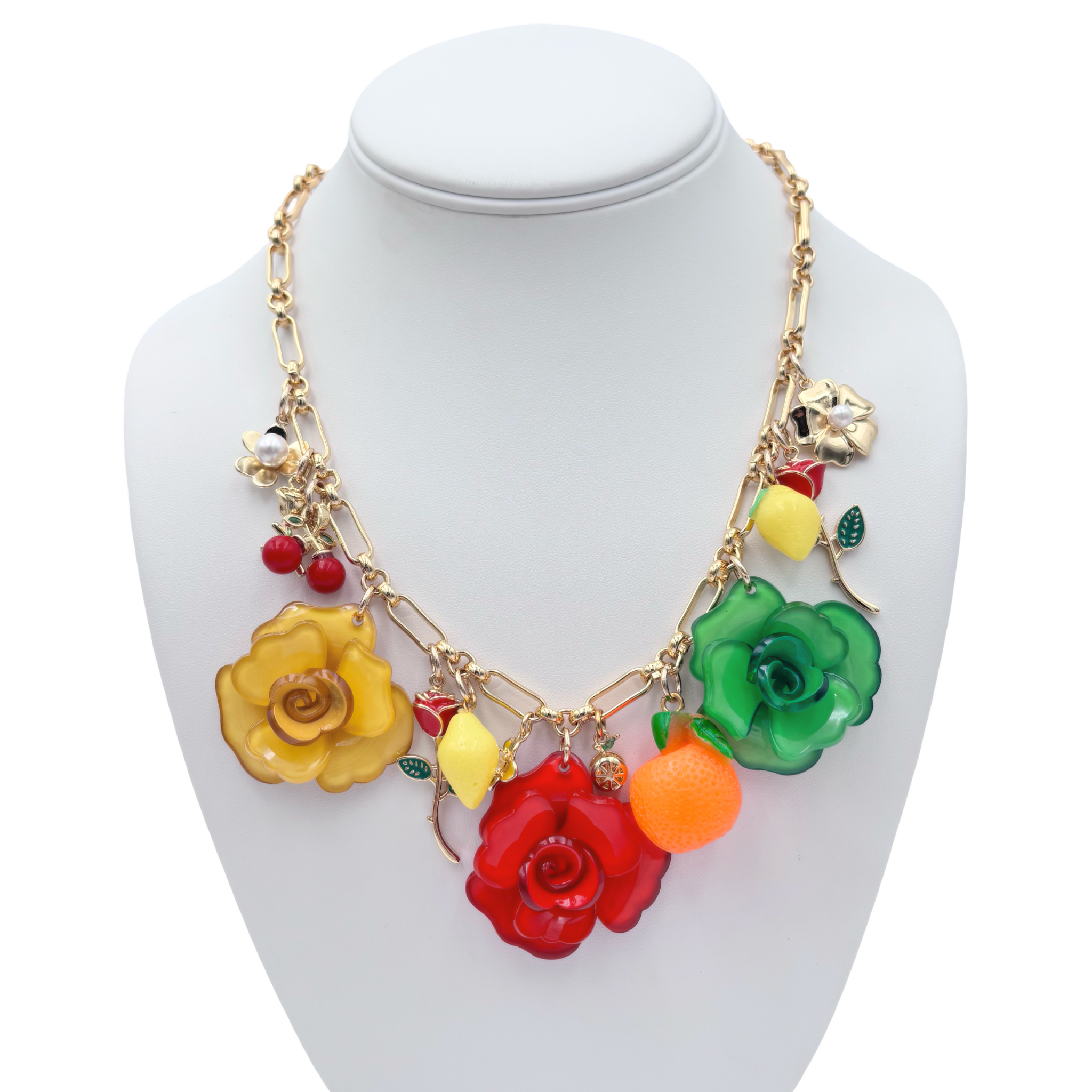 Gold link chain necklace with colorful floral and fruit enamel charms by HOLST+LEE