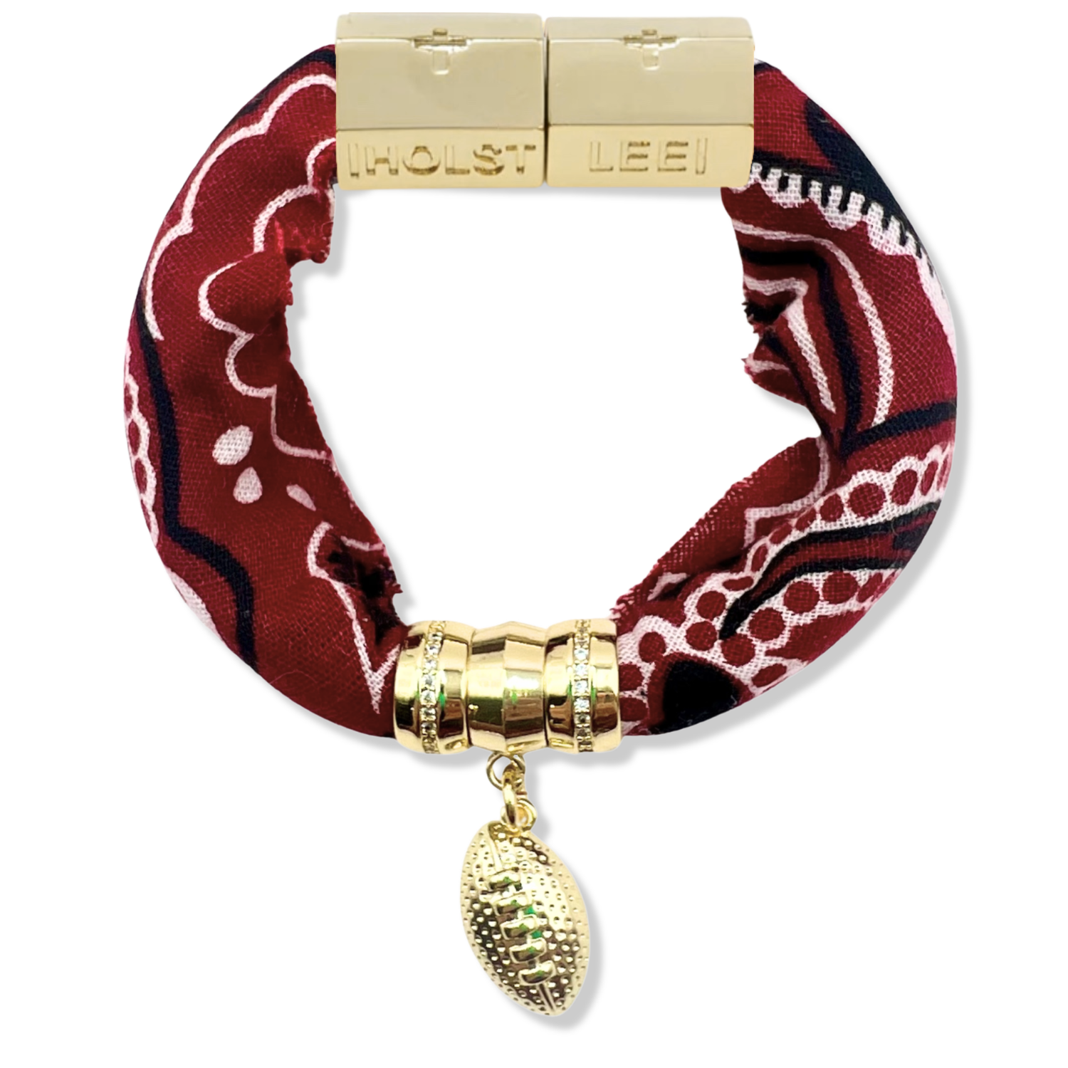 Maroon bandana print fabric bracelet with magnetic clasped bracelet, pavé ferrule, and 18K gold-filled football charm by HOLST+LEE