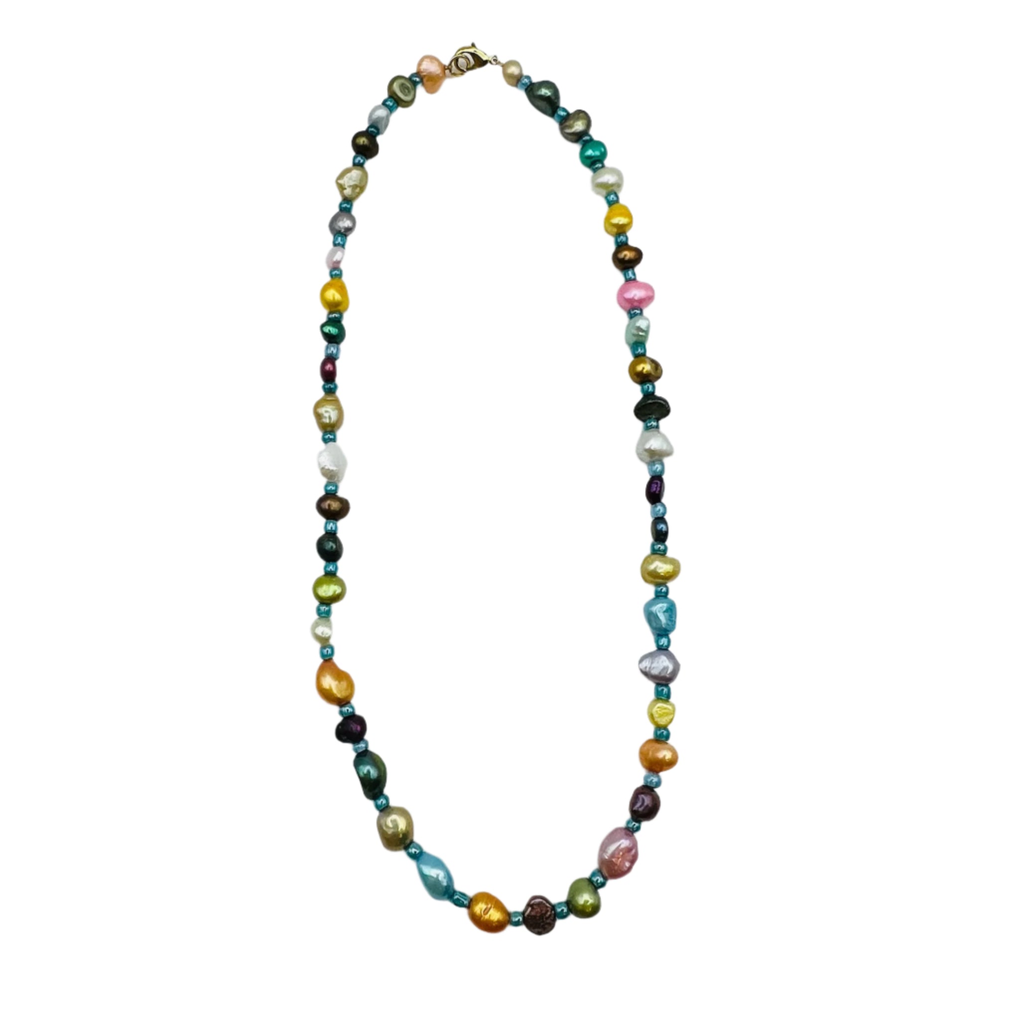 A natural pearl necklace with gold-filled hardware and turquoise accent beads by HOLST+LEE