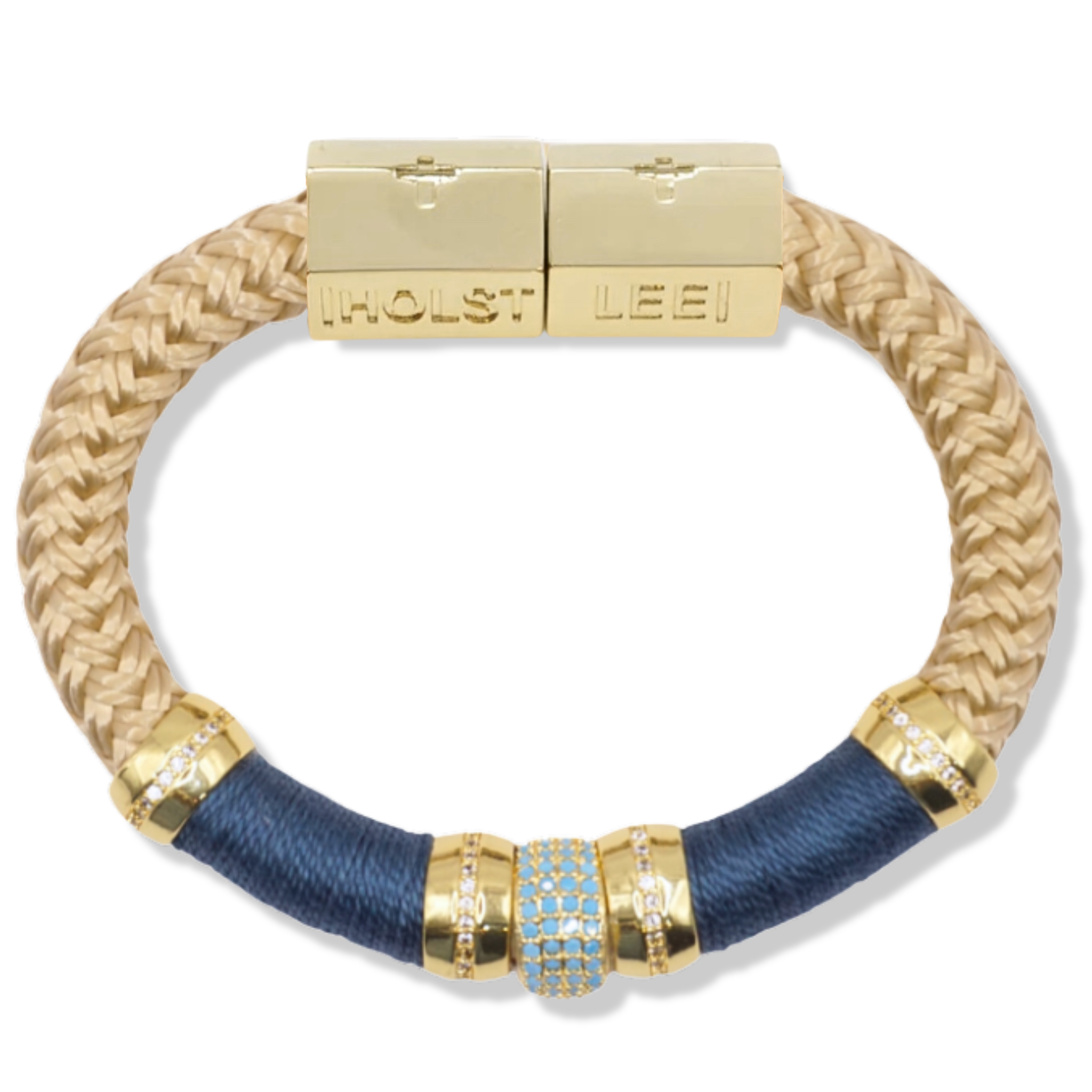 Tan braided rope and navy thread wrapped colorblock bracelet with pavé crystal ferrule stack and gold magnetic clasped bracelet by HOLST+LEE