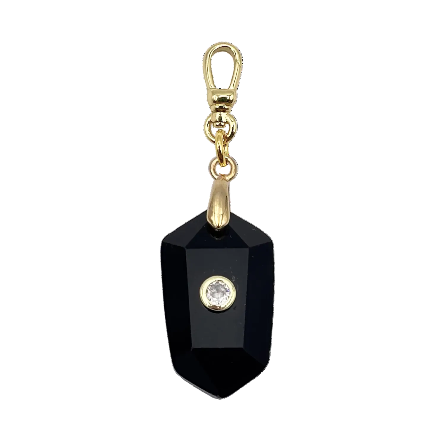Faceted black obsidian crystal pendant with a round diamond accent with gold charm clip by HOLST+LEE