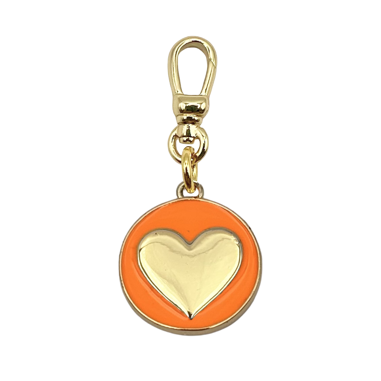 Round orange enamel medallion charm with a gold heart center, set in a gold bezel with gold charm clip by HOLST+LEE