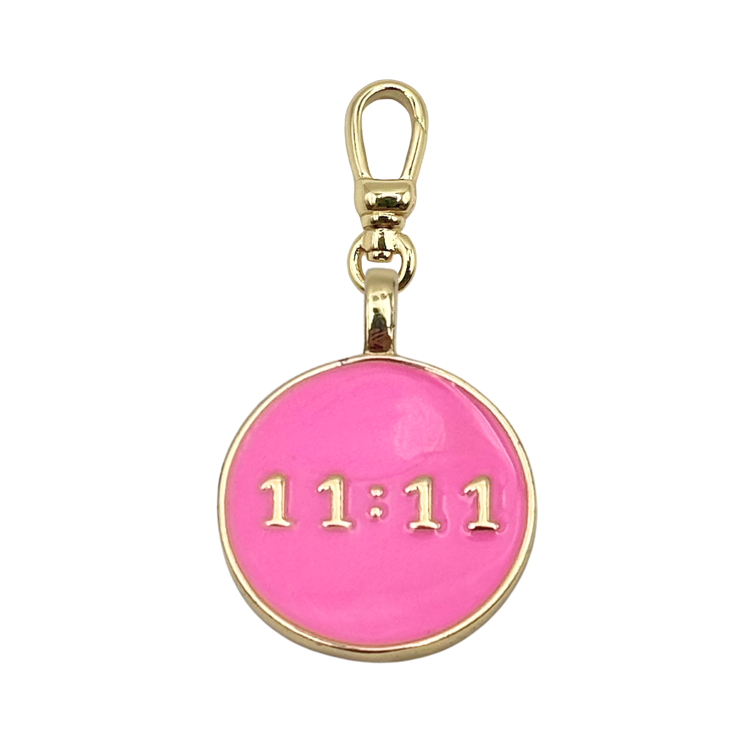 Pink enamel 11:11 angel number charm with gold text with gold charm clip by HOLST+LEE