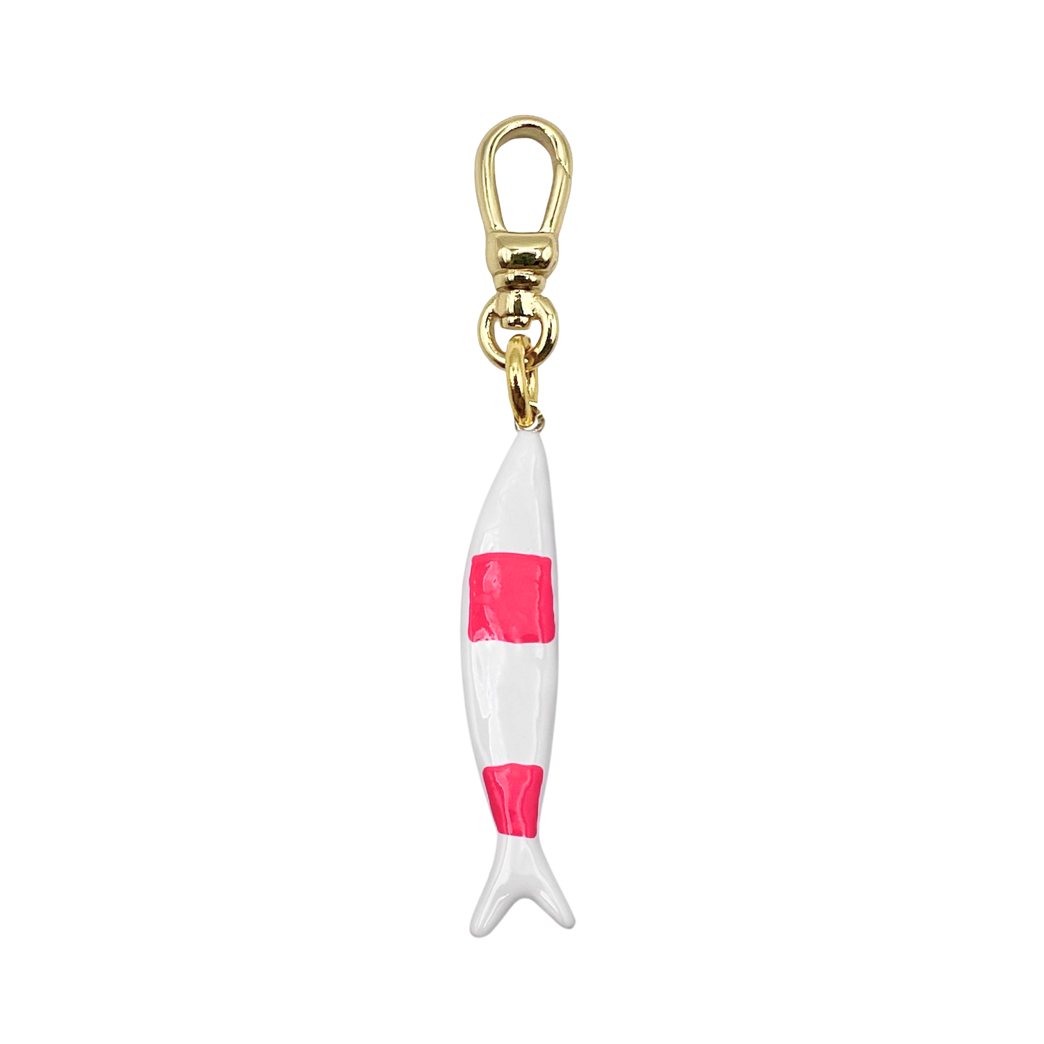 Slim white enamel fish charm with pink body stripe with gold charm clip by HOLST+LEE