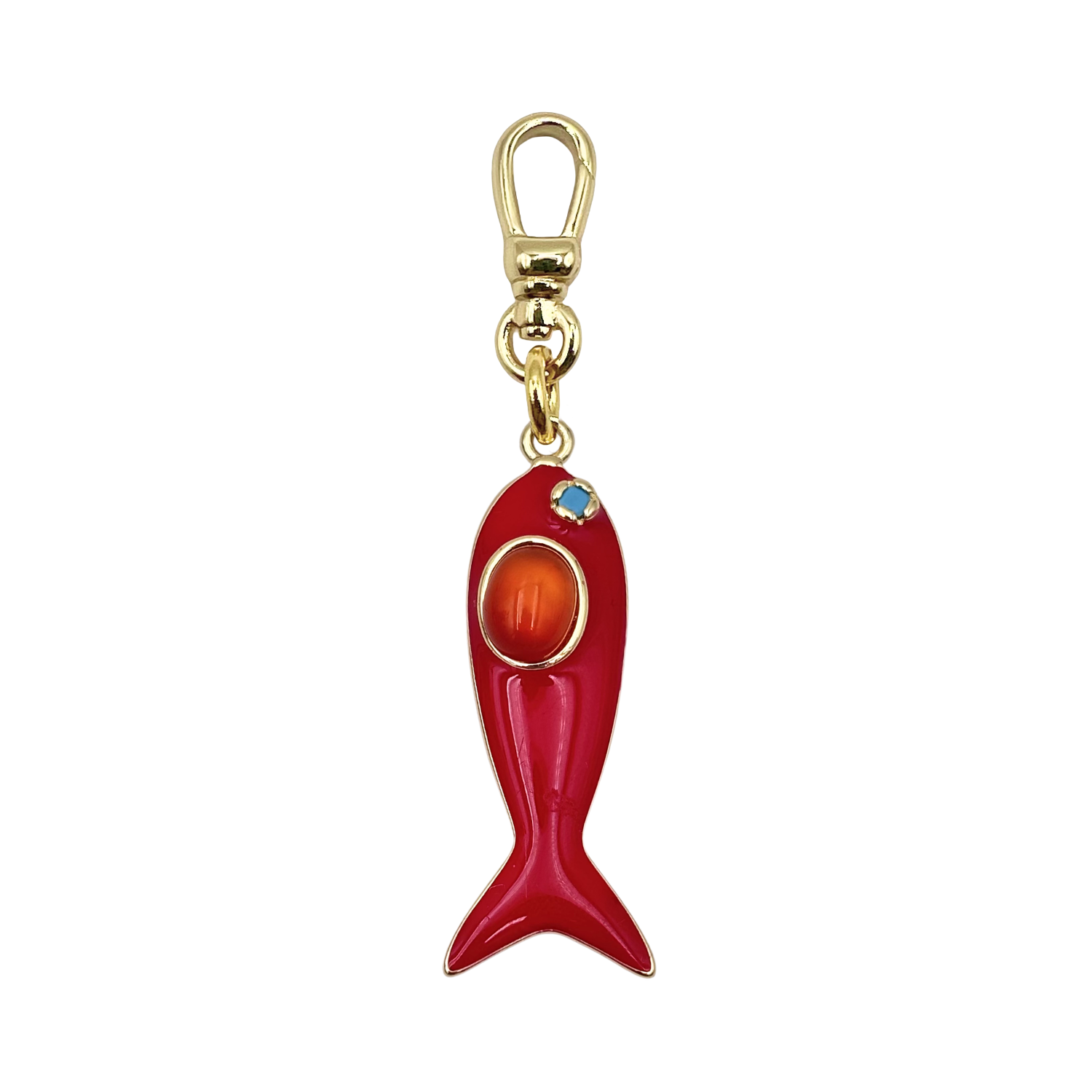 Red enamel fish charm with a large oval orange gem body and gold accent details with a charm clip by HOLST+LEE