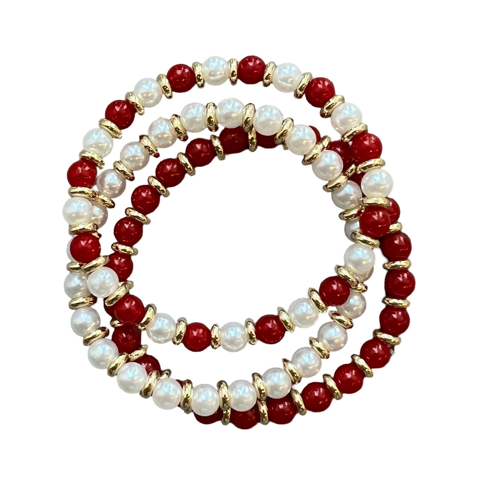 Bracelet set with a combination of red and white beads and gold-filled hardware by HOLST+LEE