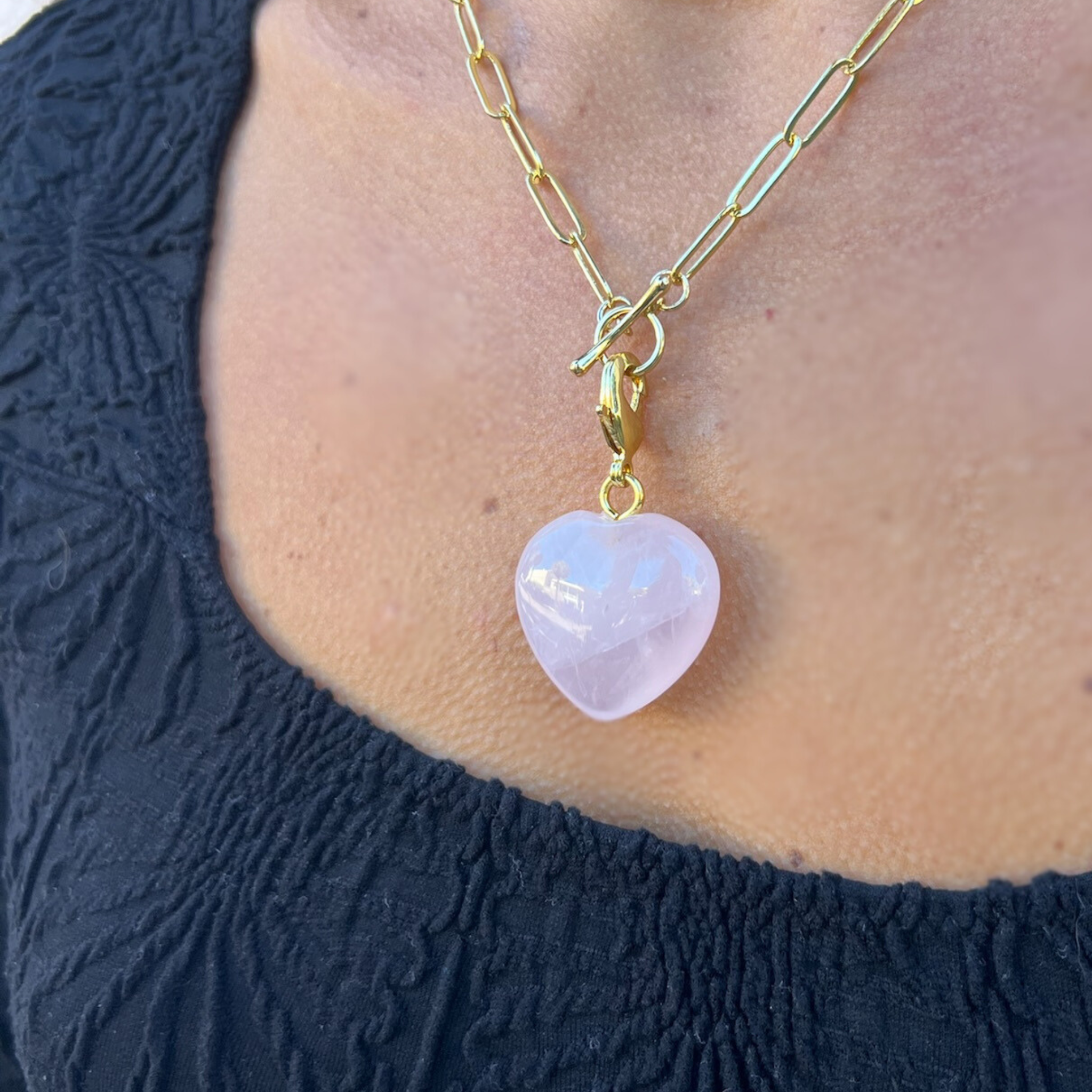 RoseQuartz-SemiPreciousHeartPendant-on model