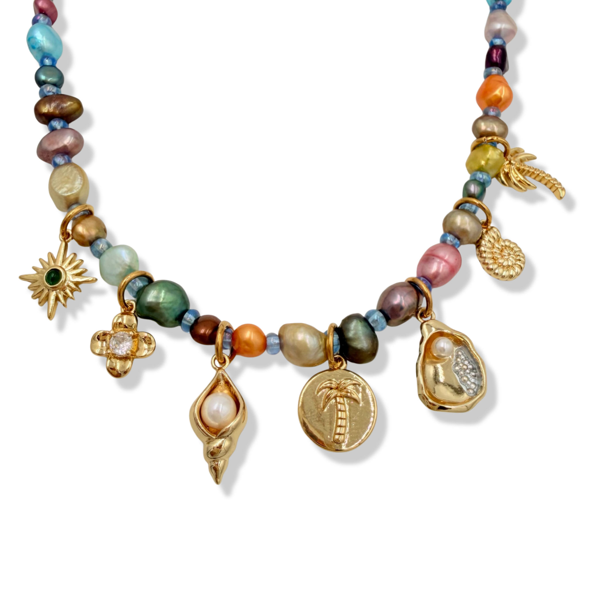 Multicolor pearl and gemstone beaded necklace with gold charms including palm tree, shell, and sun by HOLST+LEE