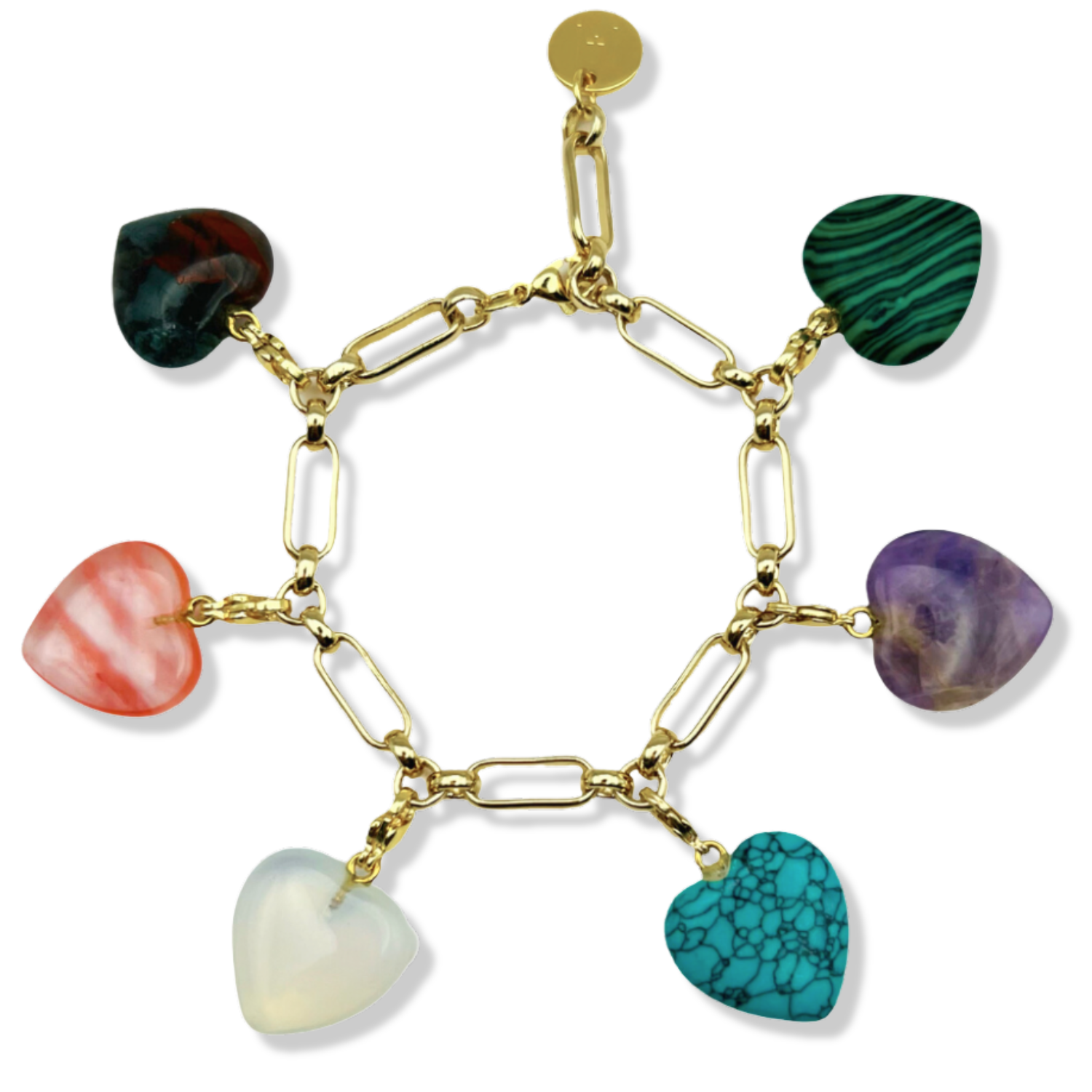 Gold thick link chain bracelet with semi-precious heart-shaped charms by HOLST+LEE