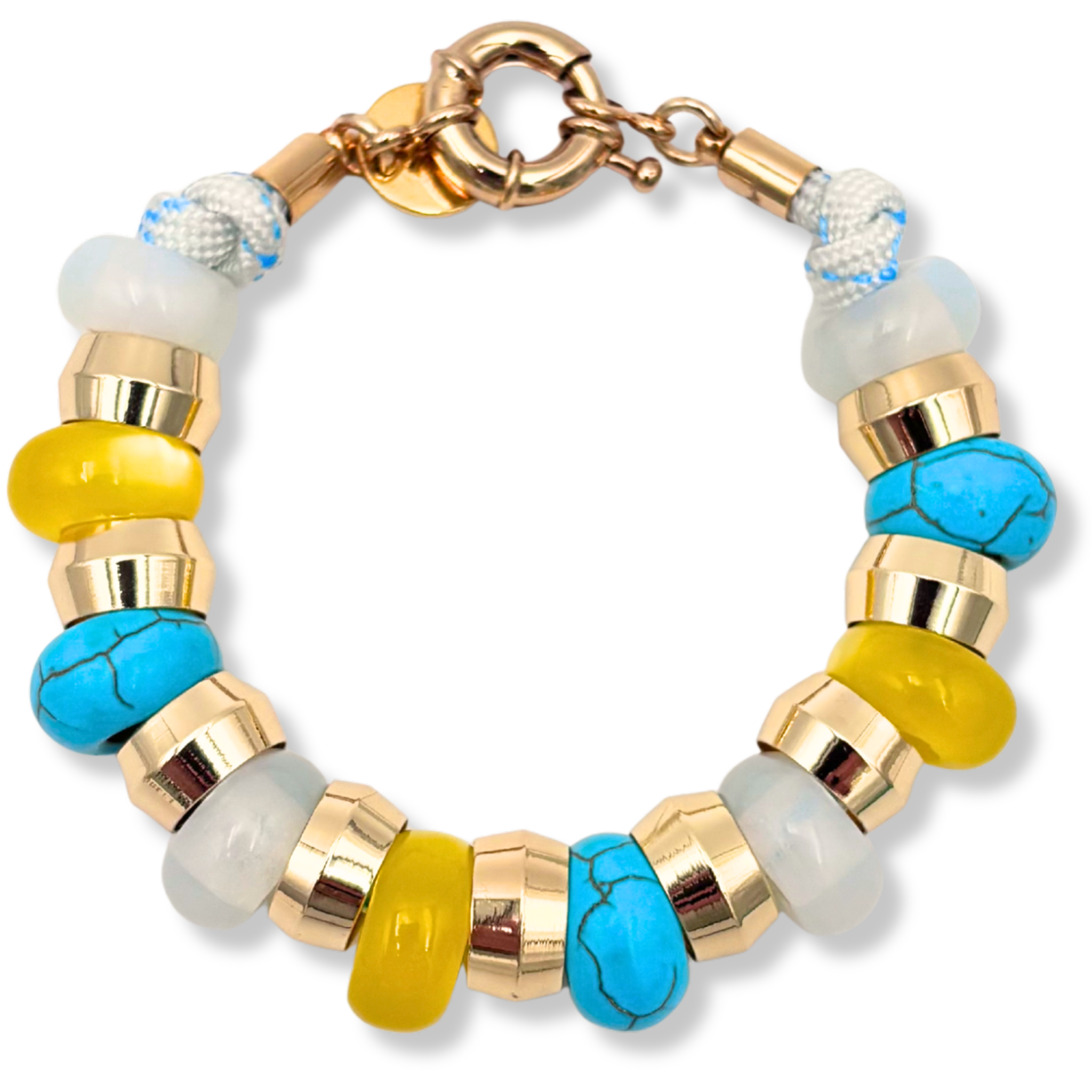 Yellow, turquoise, and white semi-precious gemstone beaded bracelet with gold accents and toggle clasp by HOLST+LEE
