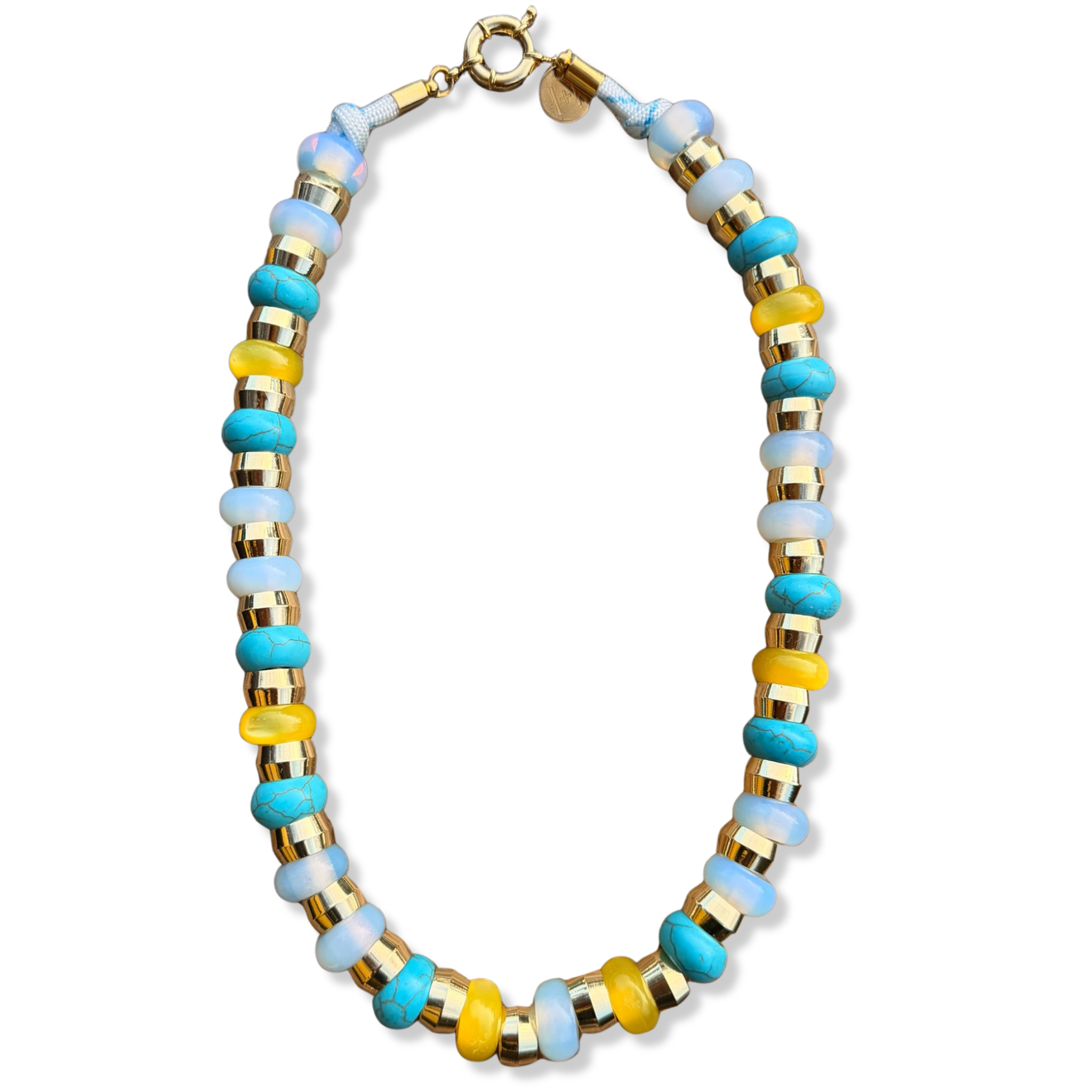 Yellow, turquoise, and white semi-precious gemstone beaded necklace with gold accents and toggle clasp by HOLST+LEE