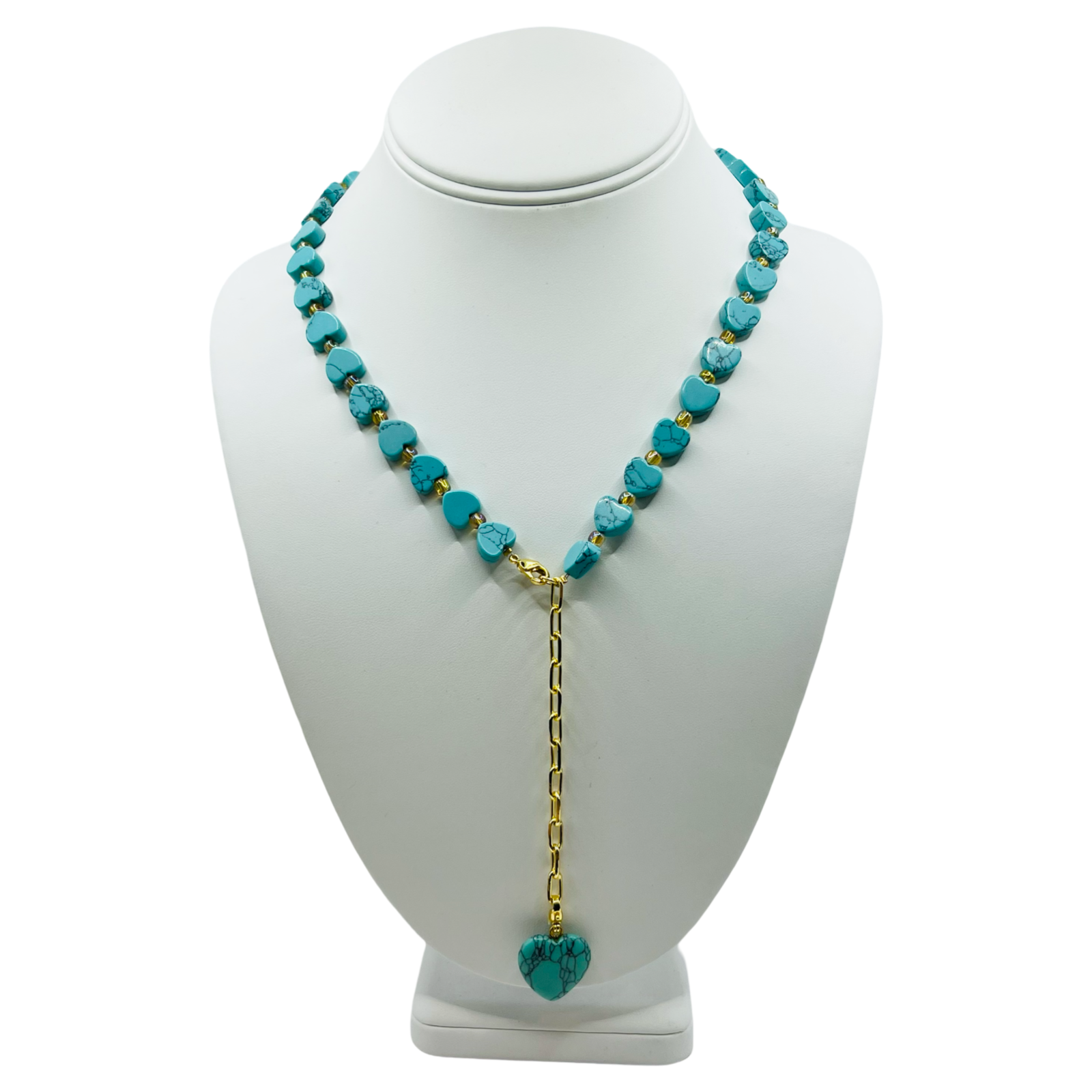 Turquoise stone heart bead lariat necklace with gold chain drop and single heart pendant by HOLST+LEE