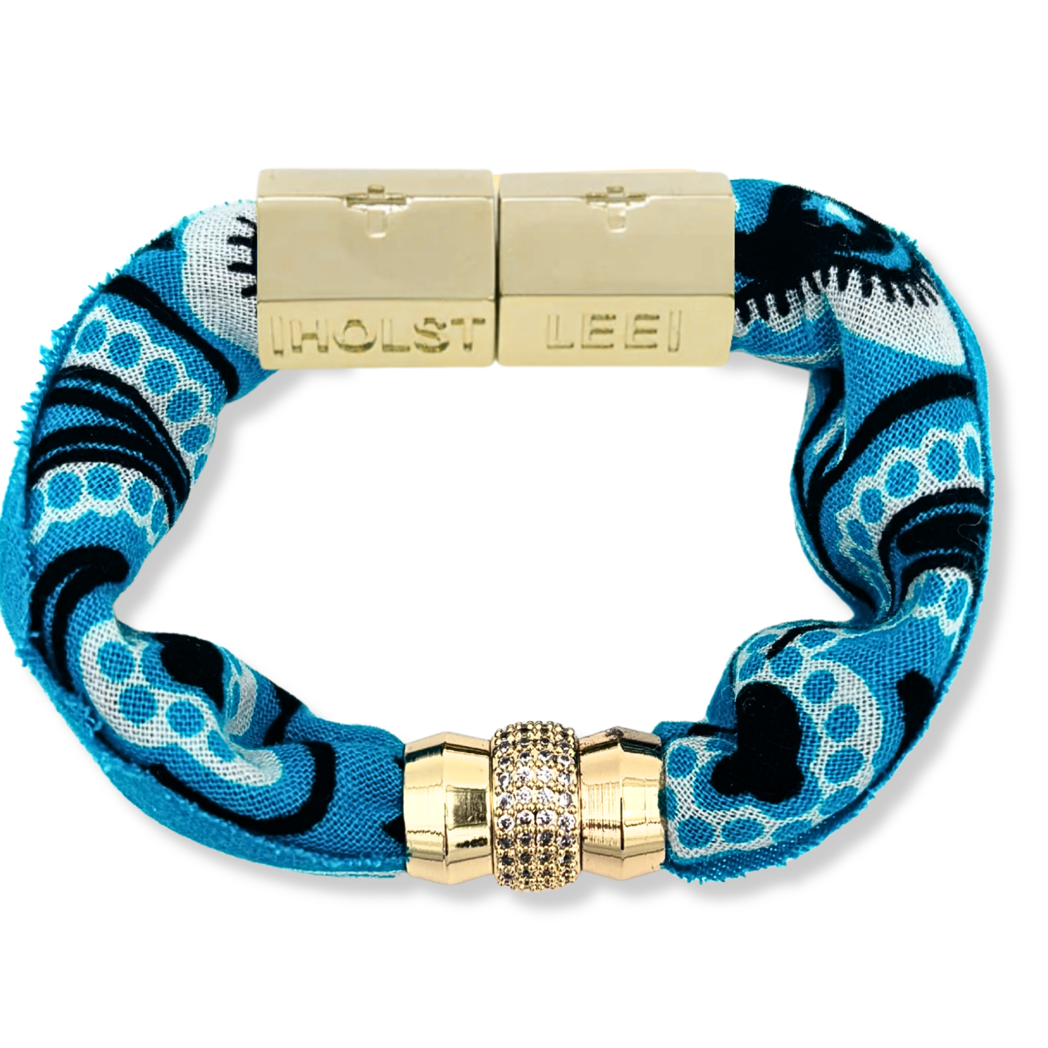 Teal blue bandana print fabric bracelet with 18K gold-filled magnetic clasped bracelet and pavé crystal ferrule by HOLST+LEE
