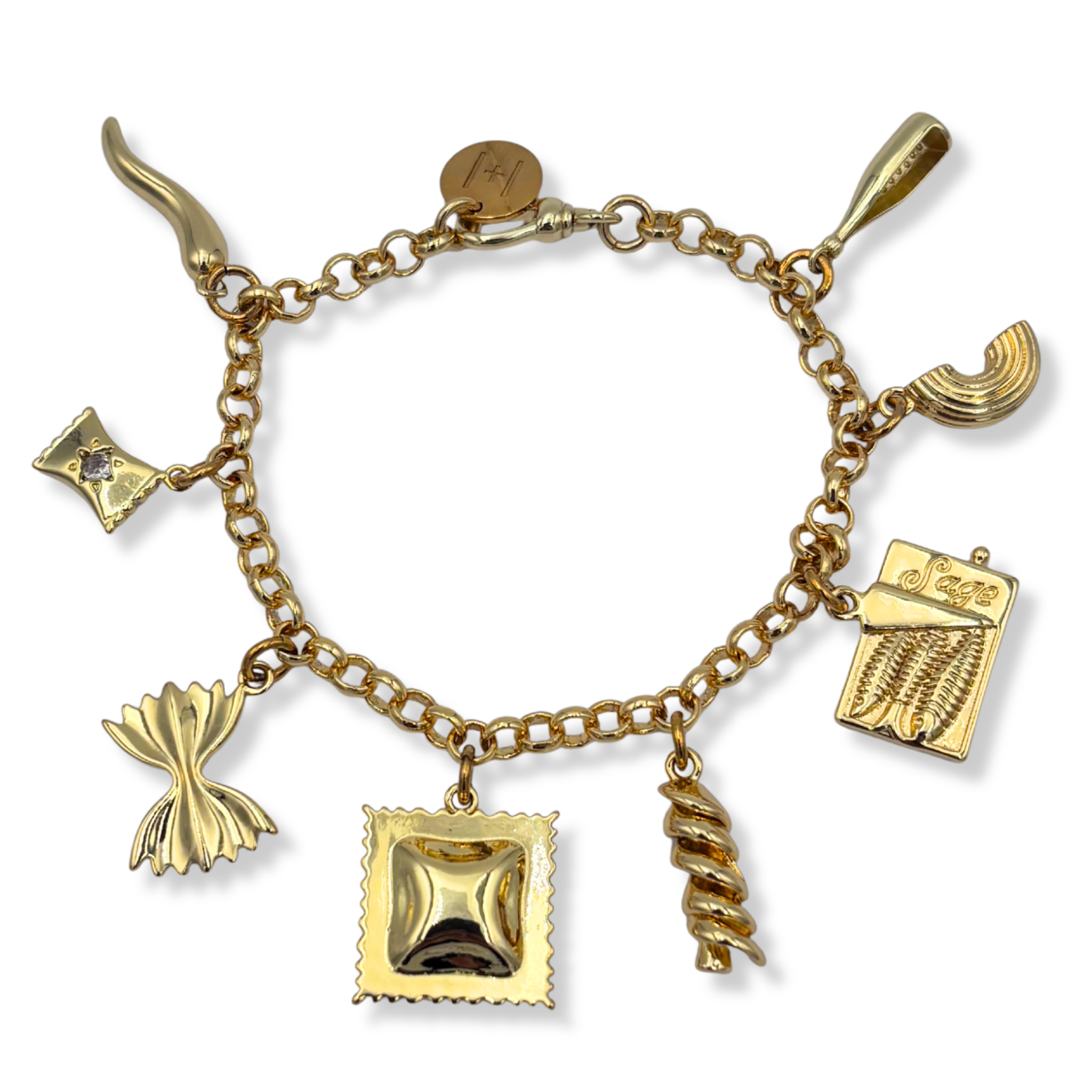 Gold Rolo chain bracelet with Italian pasta charm pendants including ravioli, farfalle, and rotini by HOLST+LEE