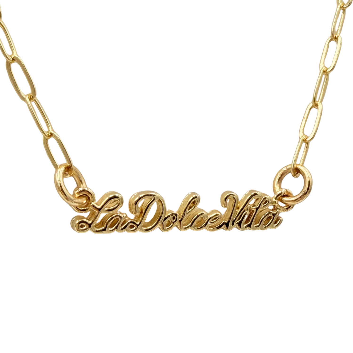Gold delicate paperclip chain necklace with La Dolce Vita script pendant by HOLST+LEE