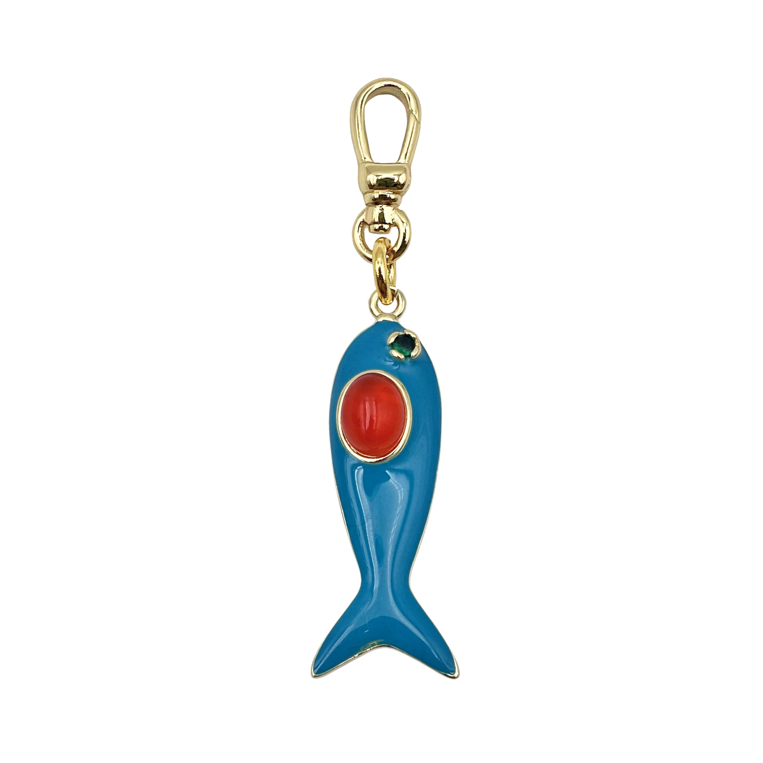 Turquoise enamel fish charm with a large oval orange gem body and gold accent details with a charm clip by HOLST+LEE
