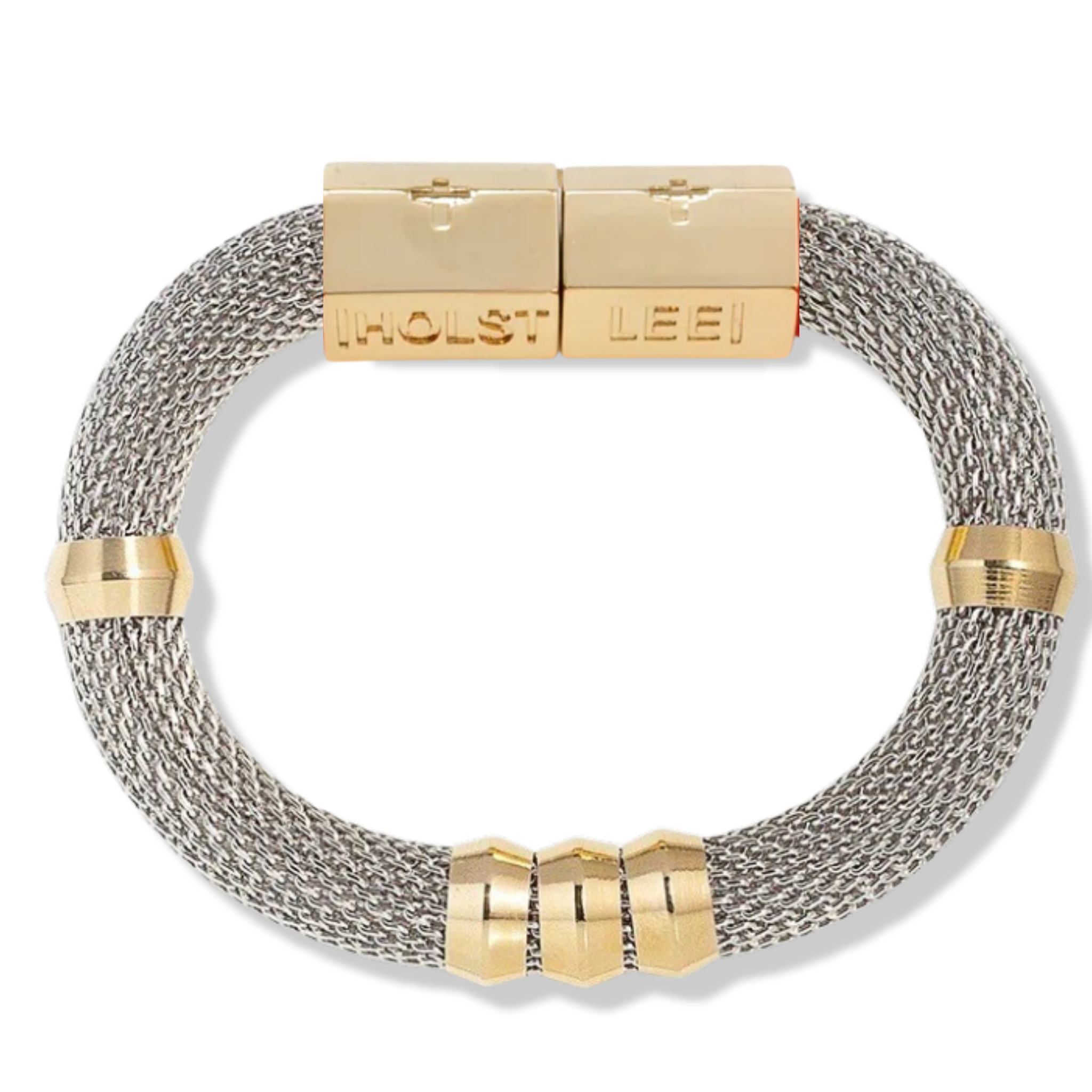 Silver woven mesh bracelet with 18K gold-filled magnetic clasped bracelet and ferrule accents by HOLST+LEE