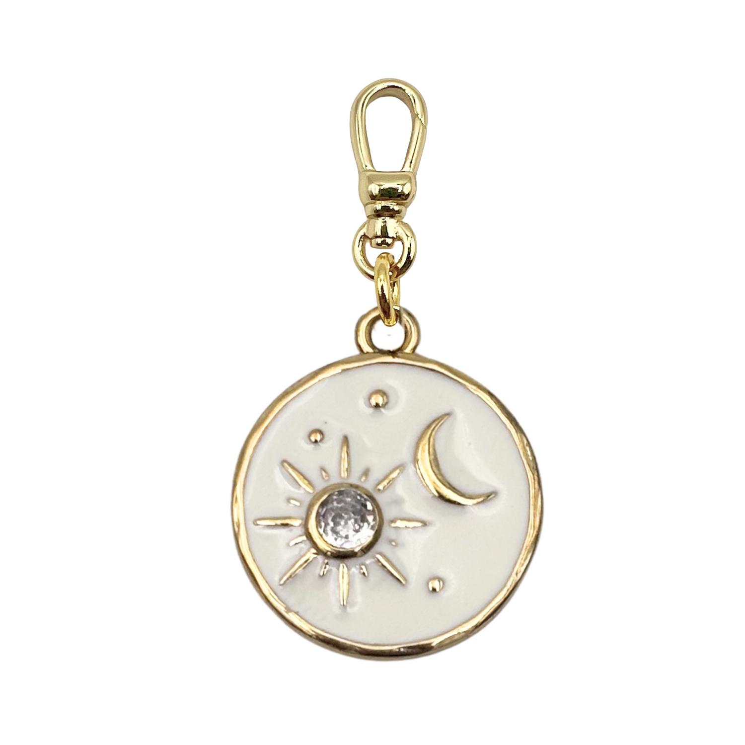 White enamel sun and moon charm with diamond center, gold celestial details with gold charm clip by HOLST+LEE